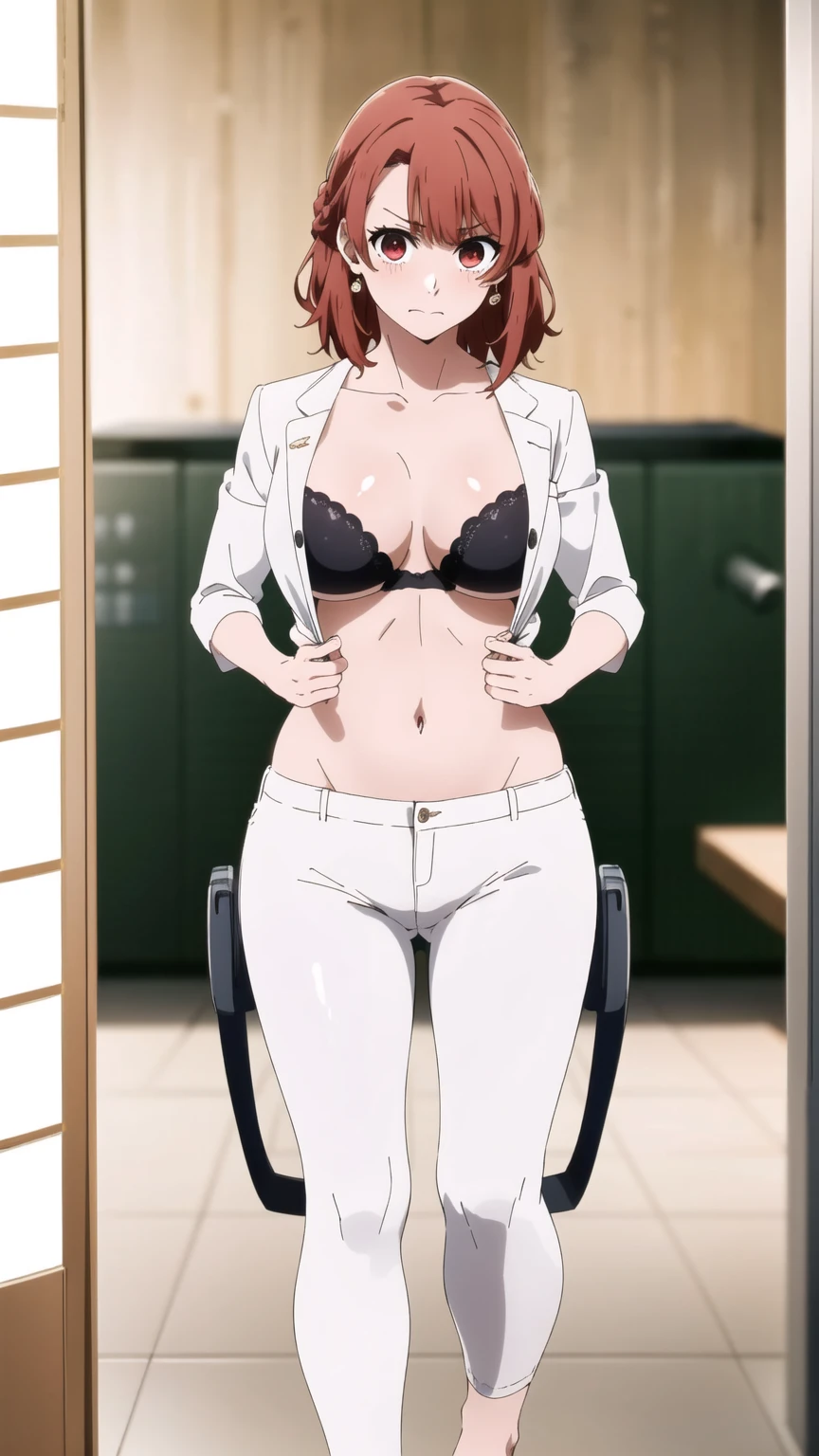 (masterpiece), (Best Quality), starter, One Girl, Alone, Chest, short_hair, 前hair, brown_hair, shirt, red_eye, brown_eye, jewelry, closure_mouth,upper_body, Braiding, red_hair, Earrings,  indoor, hair_good, V-shaped_eyebrow, nsfw、belly button、barefoot、red面、Embarrassed face、bra、Pantyhose、tits、belly button、(NSFW)