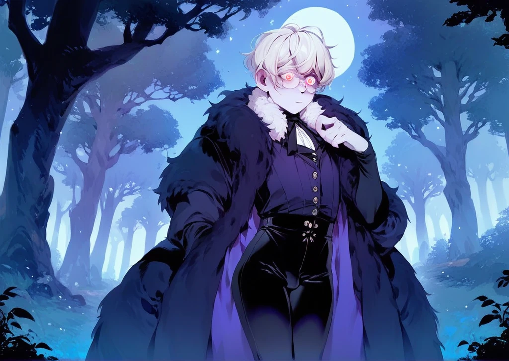 score_9, score_8_up, score_7_up, uncensored femboy, victorian clothes, black fur coat, fur collar, black shirt, embroidered purple vest, tight pants, white hair, pale skin, glasses, shizoeyes, dark fantasy, night cottage in forest