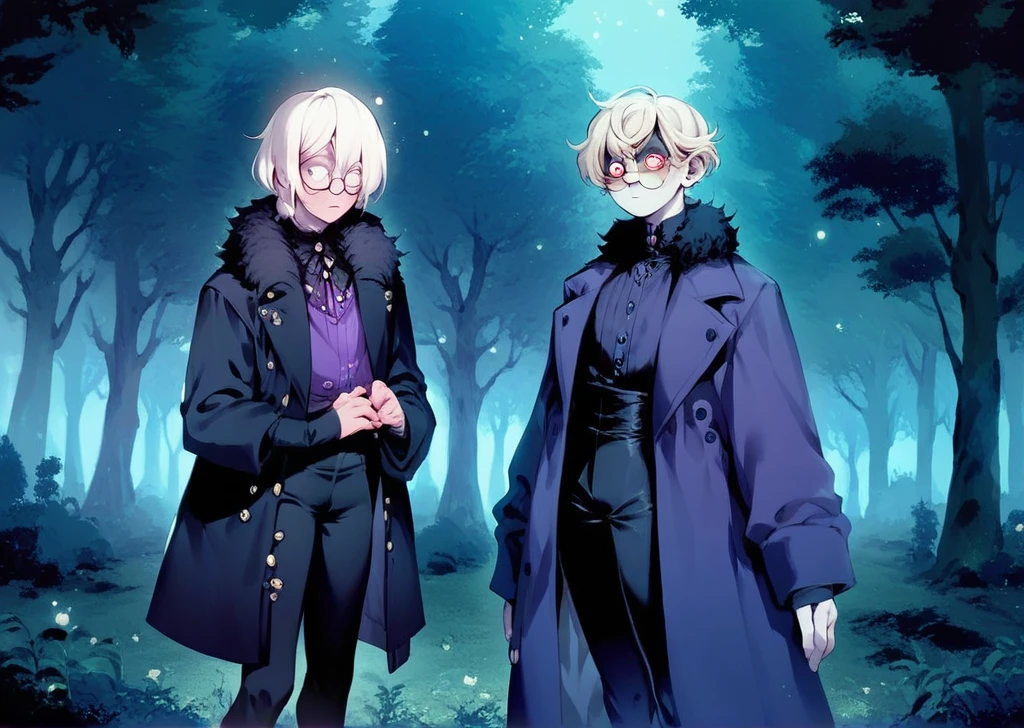 score_9, score_8_up, score_7_up, uncensored femboy, victorian clothes, black fur coat, fur collar, black shirt, embroidered purple vest, tight pants, white hair, pale skin, glasses, shizoeyes, dark fantasy, night cottage in forest