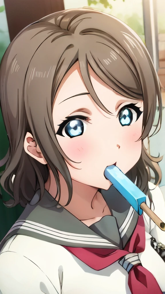 {{{masterpiece}}}, {{{Best Quality}}}, {{Super detailed}}, {figure}, {{Extremely delicate and beautiful}}, (Beautiful detailed eyes:1.6), Highly detailed face, 16k, Anime Face, {{Watanabe}}, Love Live!! School Idol Project, {{Love Live!! Sunshine!!}}, Cute face, Light Brown Hair, Medium Hair, Wavy Hair, blue eyes, slender, Medium Breast, Narrow waist, Big Hips, Curvaceous, {School Uniform}, {{{Uranohoshi Girls' High School Uniform}}}, {White sailor suit}, {{Grey collar}}, {Grey Skirt}, Red Ribbon, Ribbon tie, Black socks, break, One girl, Short to mid-range shots, アイスキャンディーをlick, Popsicle, melting Popsicle_lick, , Open your mouth, tongue, School Garden, Naughty look, Blushed, Blowjob gestures