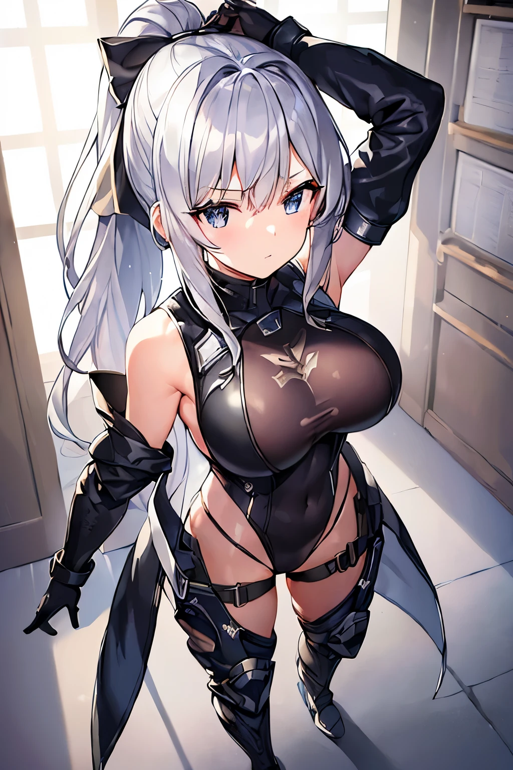 anime nsfw kashima (kancolle)++, silver hair, blue eyes, large breasts, ribbons, hat, 

pov+, straddling, squatting, wide spread legs,

concrete wall, prison cell, indoors, solo, 

shiny++, bare shoulder, navel+, (black pvc leotard)++, (black pvc corset)++, (black pvc elbow gloves)+, black pvc thigh boots, 

seductive smile, blush, 

(from below)+, shiny hair, shiny skin, fart+++

