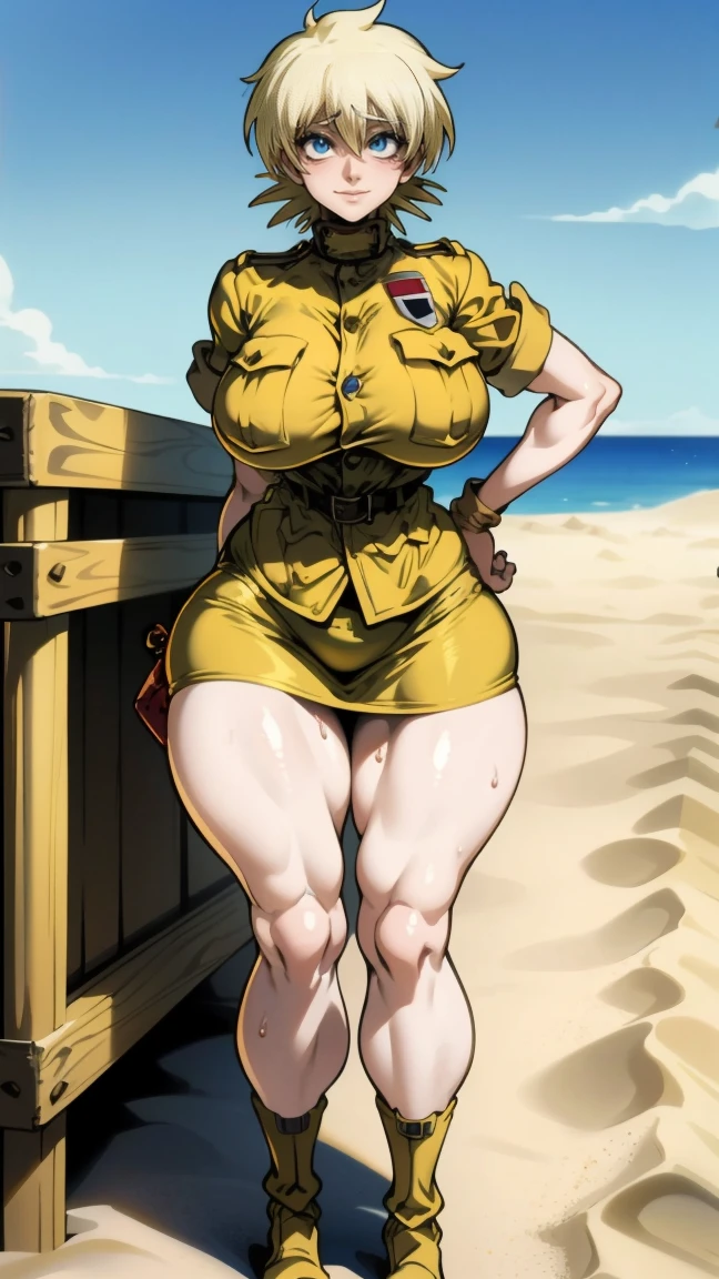 Seras Victoria, [ white-skinned woman:1.2,  snub-nosed, bright blue eyes], portrait, VSCO filter: C8), milf, old woman, yellow hair, uniforme militar color arena, ((sand-colored military uniform, sand colored mini skirt, flushed, blue eyes)) ,  (( flushed, oiled skin, expression of pleasure)), yellow hair, (( wide hips, thick thighs, big butt,)), curvy body, tall girl,  (( big sagging breast)), sagging breast, long legs, open legs, Iparuputsua.