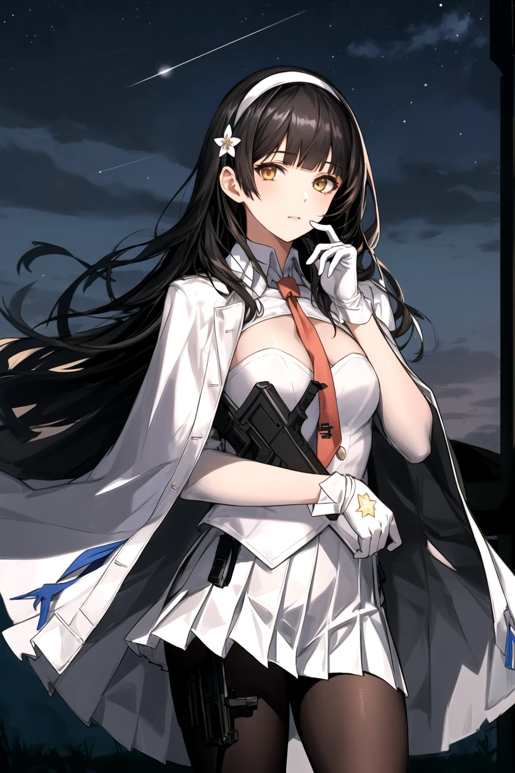 ultra-detailed,highly detailed,best quality,masterpiece,illustration,realistic,
type 95, 1girl, type 95 \(girls' frontline\), solo, 
long hair, hairband, black hair,  bangs, blunt bangs, 
shirt, white shirt, cape, white cape, skirt,pleated skirt, white skirt, gloves, white gloves,necktie,ribbon,  jacket, pantyhose, blue necktie, white hairband,
solo focus, looking at viewer, standing,
outdoors, nature, night,star \(sky\), night sky, 
 