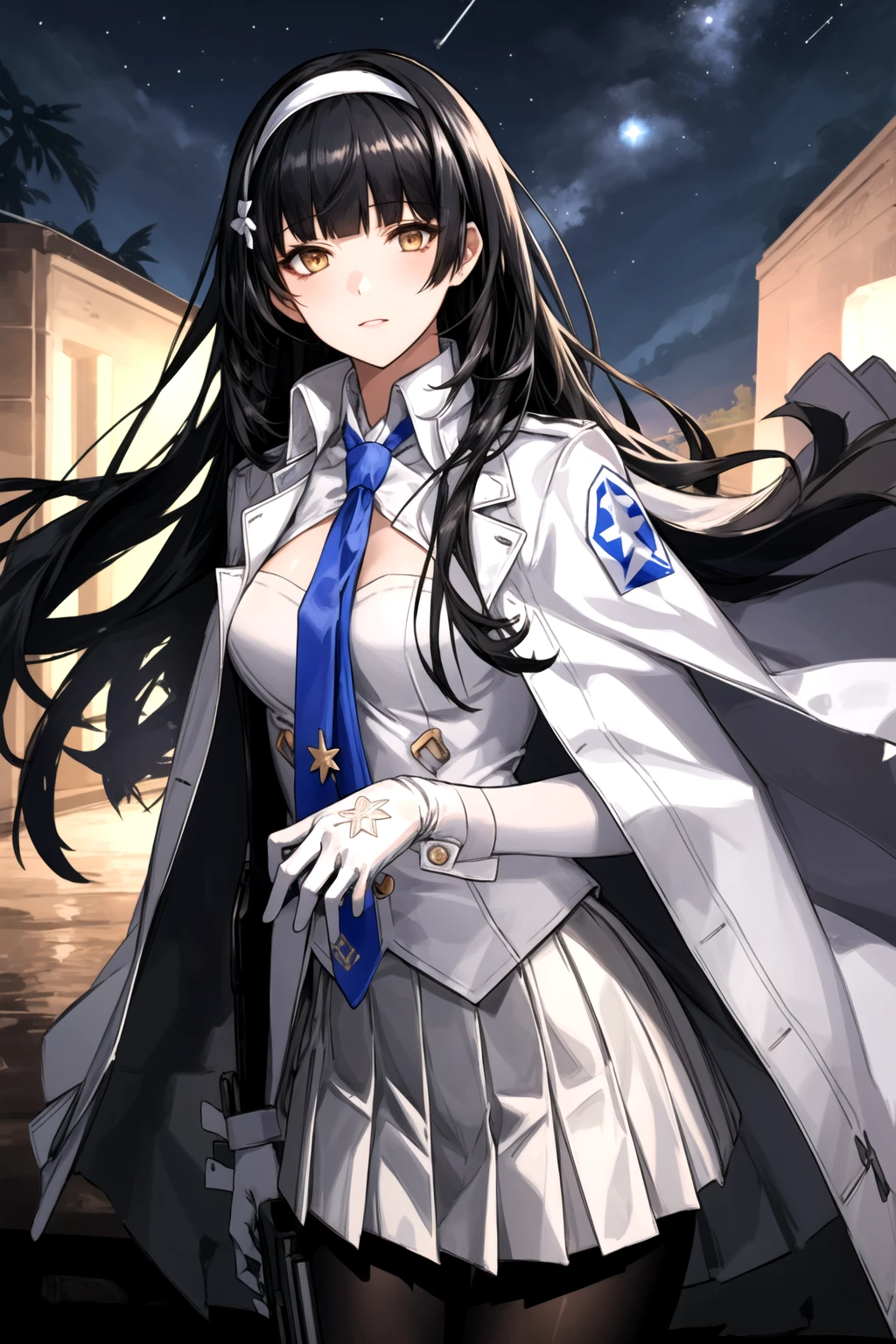 ultra-detailed,highly detailed,best quality,masterpiece,illustration,realistic,
type 95, 1girl, type 95 \(girls' frontline\), solo, 
long hair, hairband, black hair,  bangs, blunt bangs, 
shirt, white shirt, cape, white cape, skirt,pleated skirt, white skirt, gloves, white gloves,necktie,ribbon,  jacket, pantyhose, blue necktie, white hairband,
solo focus, looking at viewer, standing,
outdoors, nature, night,star \(sky\), night sky, 
 