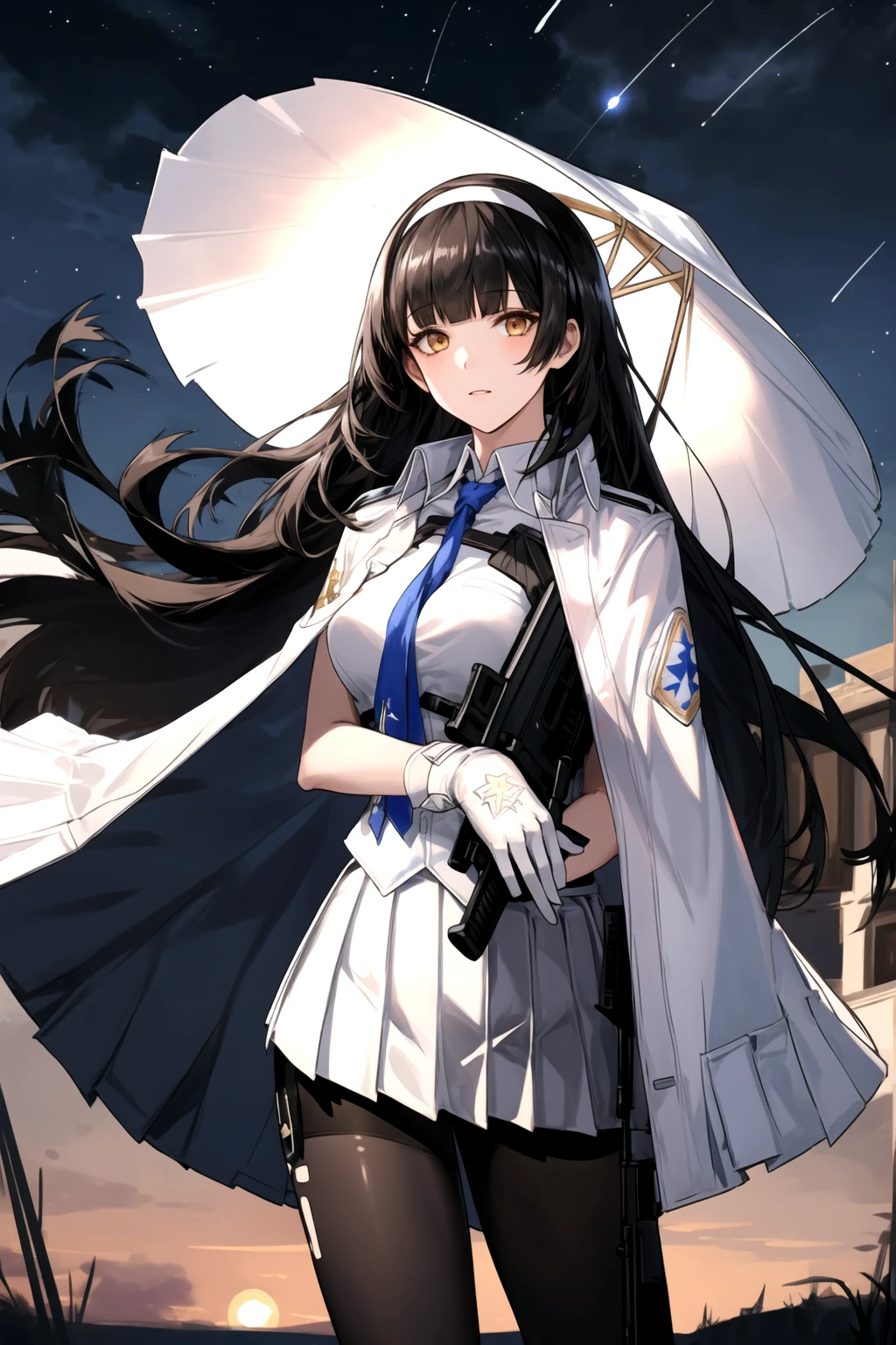 ultra-detailed,highly detailed,best quality,masterpiece,illustration,realistic,
type 95, 1girl, type 95 \(girls' frontline\), solo, 
long hair, hairband, black hair,  bangs, blunt bangs, 
shirt, white shirt, cape, white cape, skirt,pleated skirt, white skirt, gloves, white gloves,necktie,ribbon,  jacket, pantyhose, blue necktie, white hairband,
solo focus, looking at viewer, standing,
outdoors, nature, night,star \(sky\), night sky, 
 