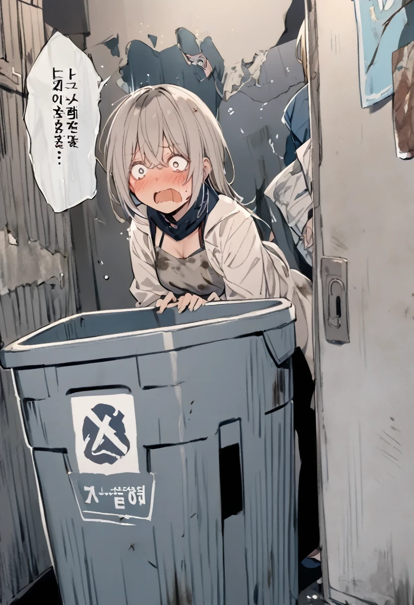 A woman hiding in a dark alley, behind a trash can, scared, dirty clothes,  