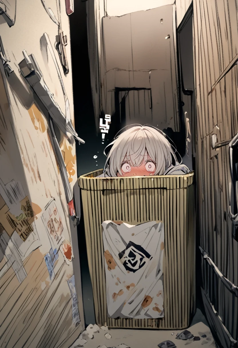 A woman hiding in a dark alley, behind a trash can, scared, dirty clothes,  