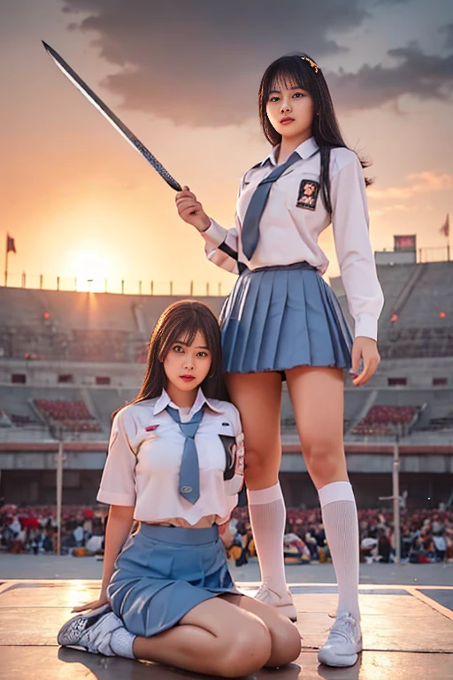 "Create a dynamic and epic illustration of two high school girls, Asian faces, white long-sleeved shirt with front collar, gray ruffle skirt, white knee-length socks, black school shoes, fighting in the gladiatorial arena with swords, engaging in fierce combat inside a magnificent Roman colosseum. A scene Full of energy as two schoolgirls fight with great determination. One of the schoolgirls, wearing a long-sleeved white shirt with a front collar, a gray tie, a gray skirt, is holding a big sword, and is fighting . 

Her opponent, a female student wearing a white long-sleeved shirt with a front collar, blue tie, blue skirt, was lively and lively, equipped with two short swords, her movements were fast and precise.

The arena was filled with a roaring crowd, with dust and debris flying from the force of their blows. The setting sun cast a golden hue over the entire battlefield, accentuating the sweat and intensity on their faces. Their weapons clashed with sparks flying, and the tension in the air was palpable. The backdrop features the towering stone walls of the coliseum, with banners fluttering in the wind, adding to the grandeur of the scene.

The overall atmosphere should reflect the strength, skill and determination of the gladiators, focusing on the dramatic and heroic nature of their fights.