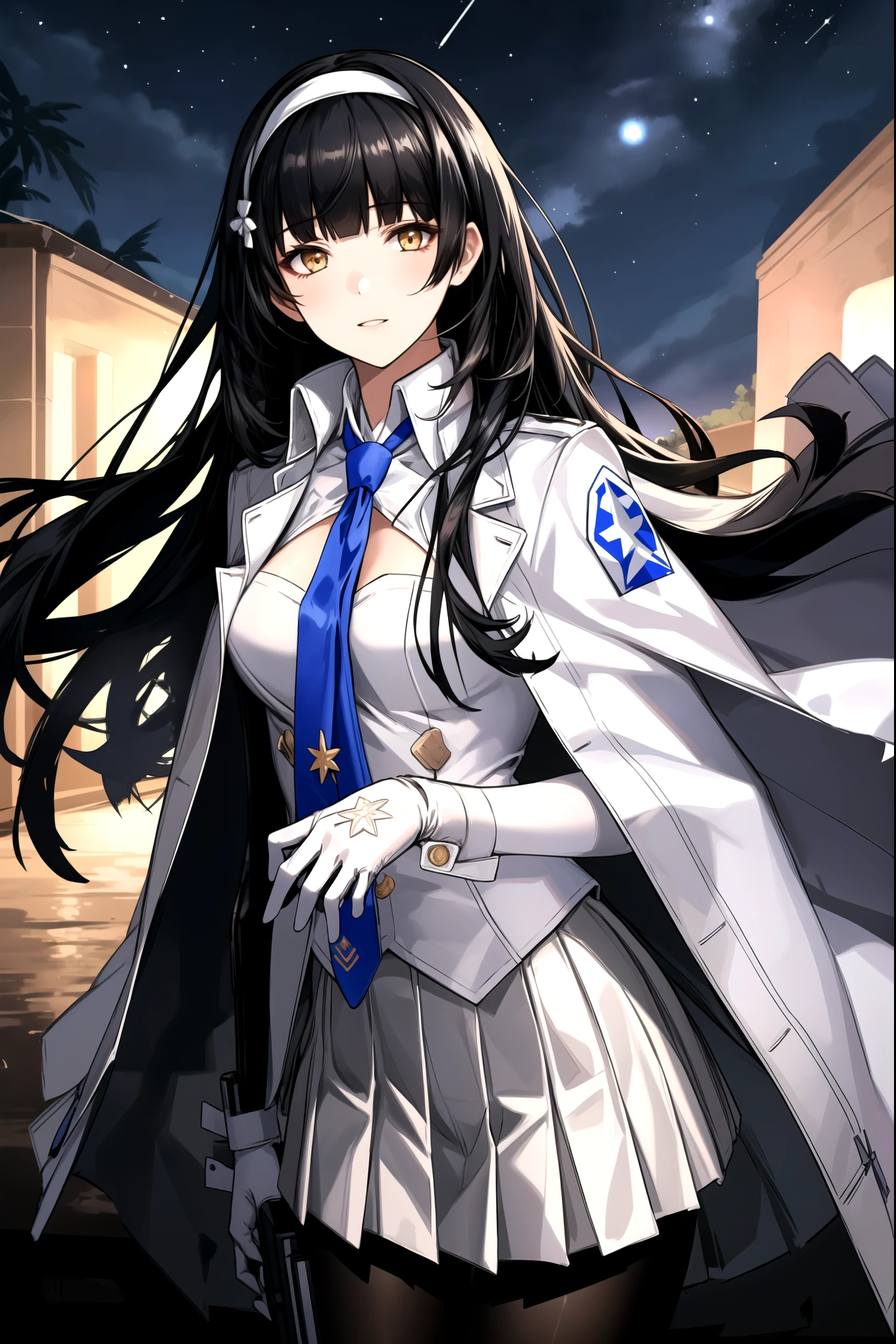 ultra-detailed,highly detailed,best quality,masterpiece,illustration,realistic,
type 95, 1girl, type 95 \(girls' frontline\), solo, 
long hair, hairband, black hair,  bangs, blunt bangs, 
shirt, white shirt, cape, white cape, skirt,pleated skirt, white skirt, gloves, white gloves,necktie,ribbon,  jacket, pantyhose, blue necktie, white hairband,
solo focus, looking at viewer, standing,
outdoors, nature, night,star \(sky\), night sky, 
 