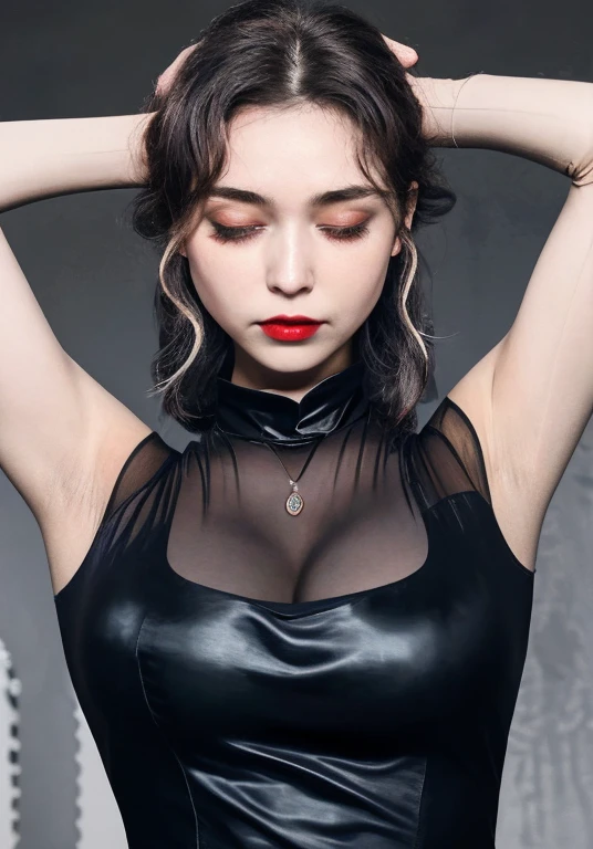 Armpit、female spy、Imprisonment、Chained in a prison、Both hands are in chains、A regretful face、blush、Tears、囚われのfemale knight、Gray Hair、Long Hair、Very reastic clean armpits, armpit lines, armpit pores, SUNSHINE ON SKIN, SUNSHINE ON ARMPIT, Very Realistic, Wearing Shrug Sweater,sexy but exposing armpits, red bloody lips, cum on face wearing arm warmeshnets, red lips, grey hair, do as instructed, add shoulder mesh fishnet, both arms has arm-warmeshnets, crucifix position, Armpit sweat, make it look more like a fitted silk t shirt, black silk t shirt with sleeves