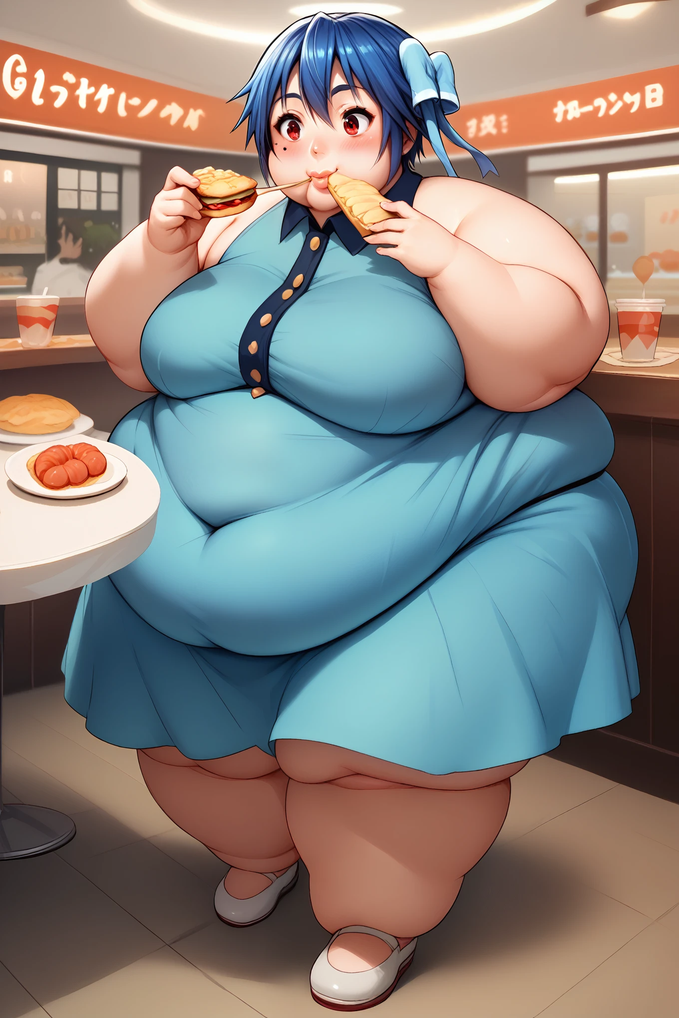 score_9, score_8_up, score_7_up, score_6_up, 1girl BREAK tsugumi seishirou, mole under eye, blue hair, red eyes, hair bow, sleeveless dress, light blue dress, skirt, growing bigger, growing fatter, restaurant, eating with both hands, food in mouth, blush, smiling, medium breasts, fat, chubby, obese, big lips, full body shot,