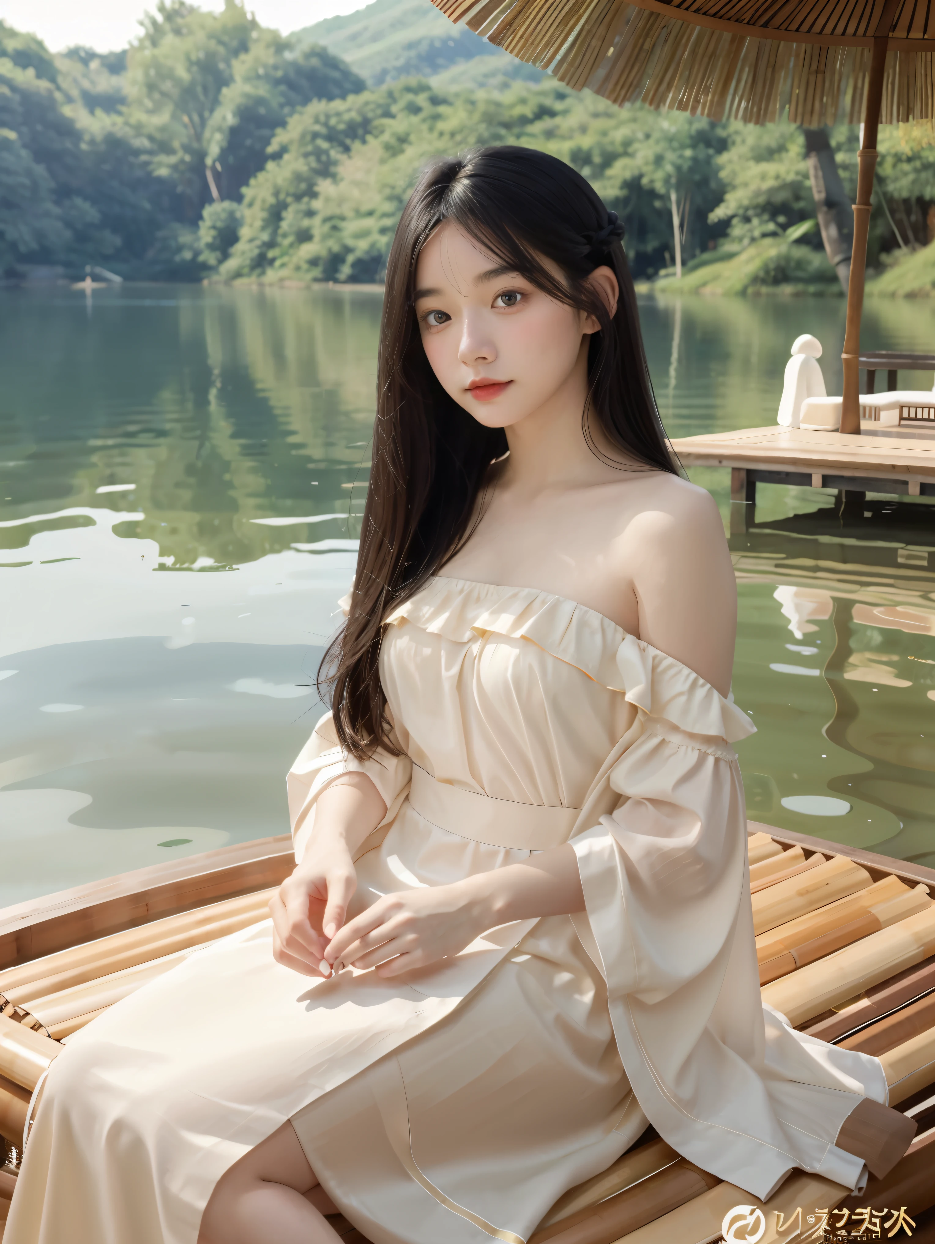 Masterpiece, Best Quality, Official Art, 8k Wallpaper, Very Detailed, Illustration, 1 Girl, black Hair, Long Hair, Detailed Eyes, Forrest Gump, Bare Shoulders, Hanfu, Lake, Pure, Soft Smile, bamboo, tea