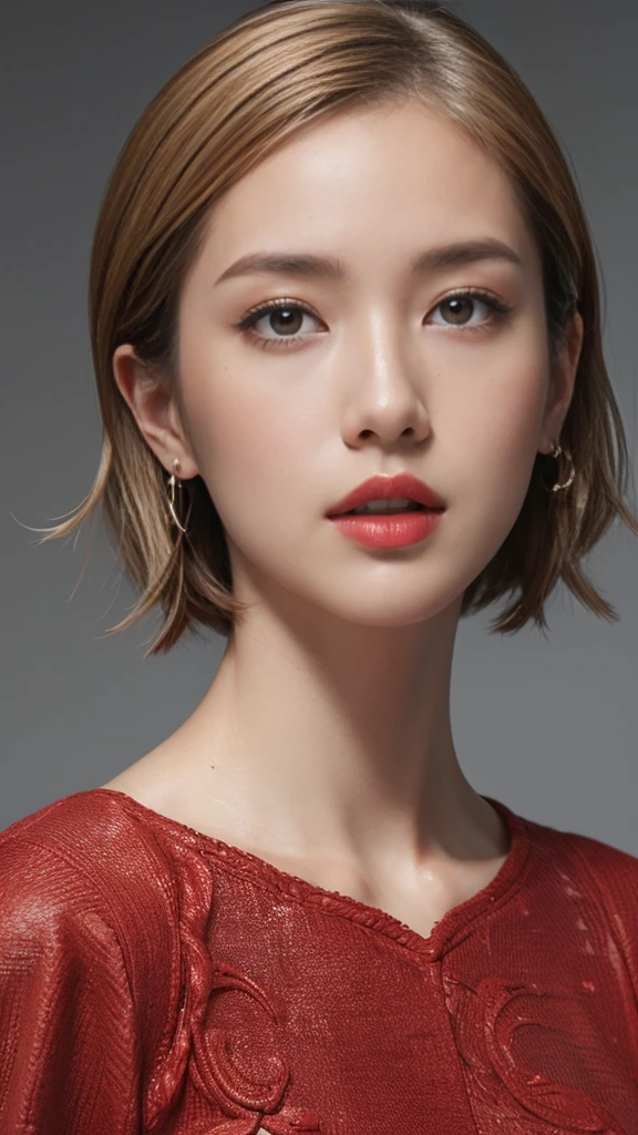 High resolution, masterpiece, Anatomically correct, Ultra high definition, Textured skin, ((Center parted short hair)), tall、Face close-up、Red Lip、Look at、