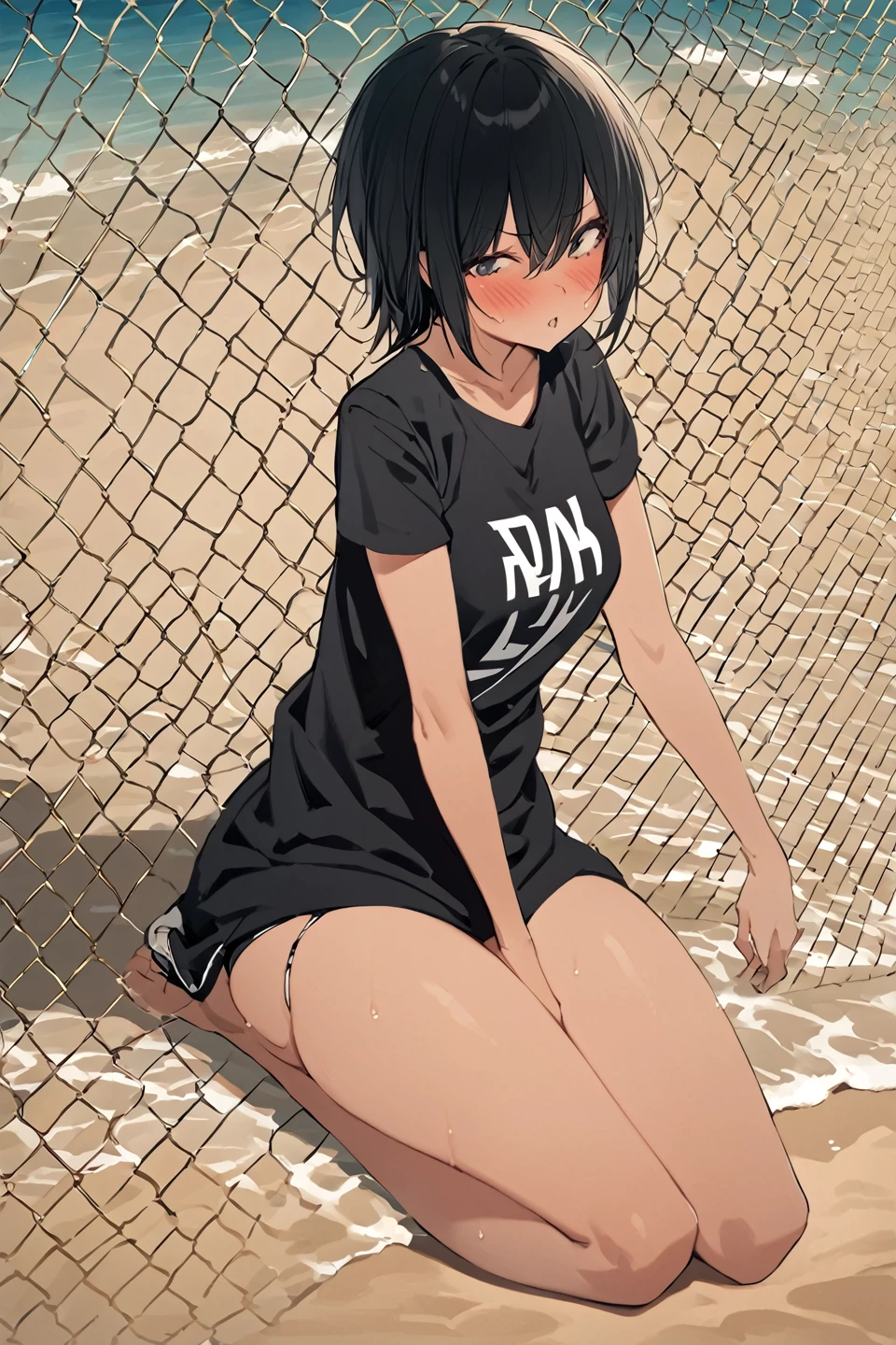 score_9,best quality,
1 ,t-shirt,punk,  a tall girl ,a little chubby, short straight hair, sitting on the edge of the tanned beach, in a bikini 