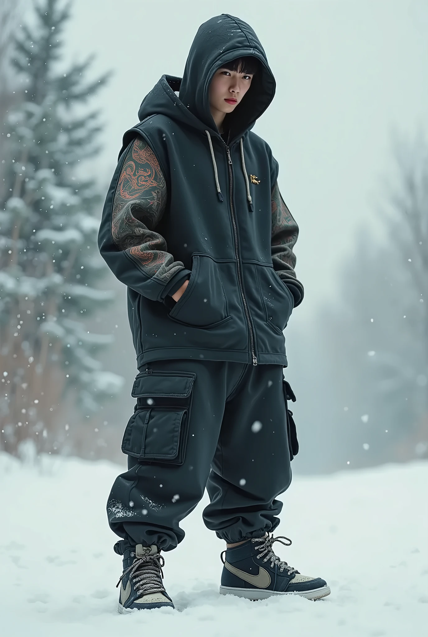 Short hair handsome teen Polish man. HE'S SKINNY. Hero outfit color Gray. He wears a heavy winter heroic outfit. Skinny. Put Bite as a logo into his heroic jacket outfit. He's skinny. Teeth logo