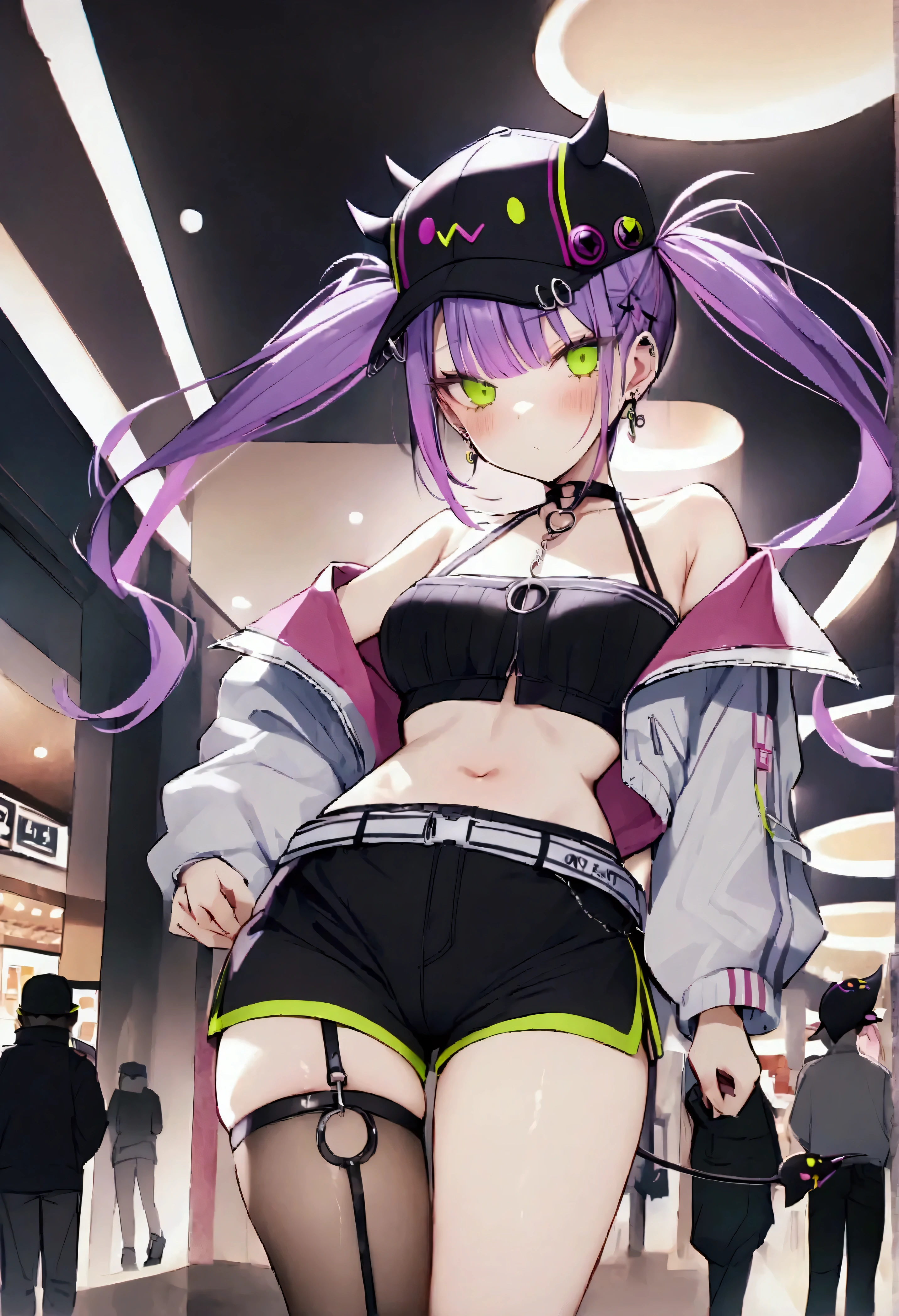 NSFW,masterpiece,Best Quality,High resolution,Very detailed,Towa Tokoyami\(Hove\),Purple Hair,Green Eyes,Twin tails、Two-tone jacket、Closed jacket、Cropped jacket、Off the shoulder、Black crop top、Black shorts、Fishnet stockings、Single knee socks、Baseball cap、Devil&#39;s Tail、Earrings,Shopping Mall