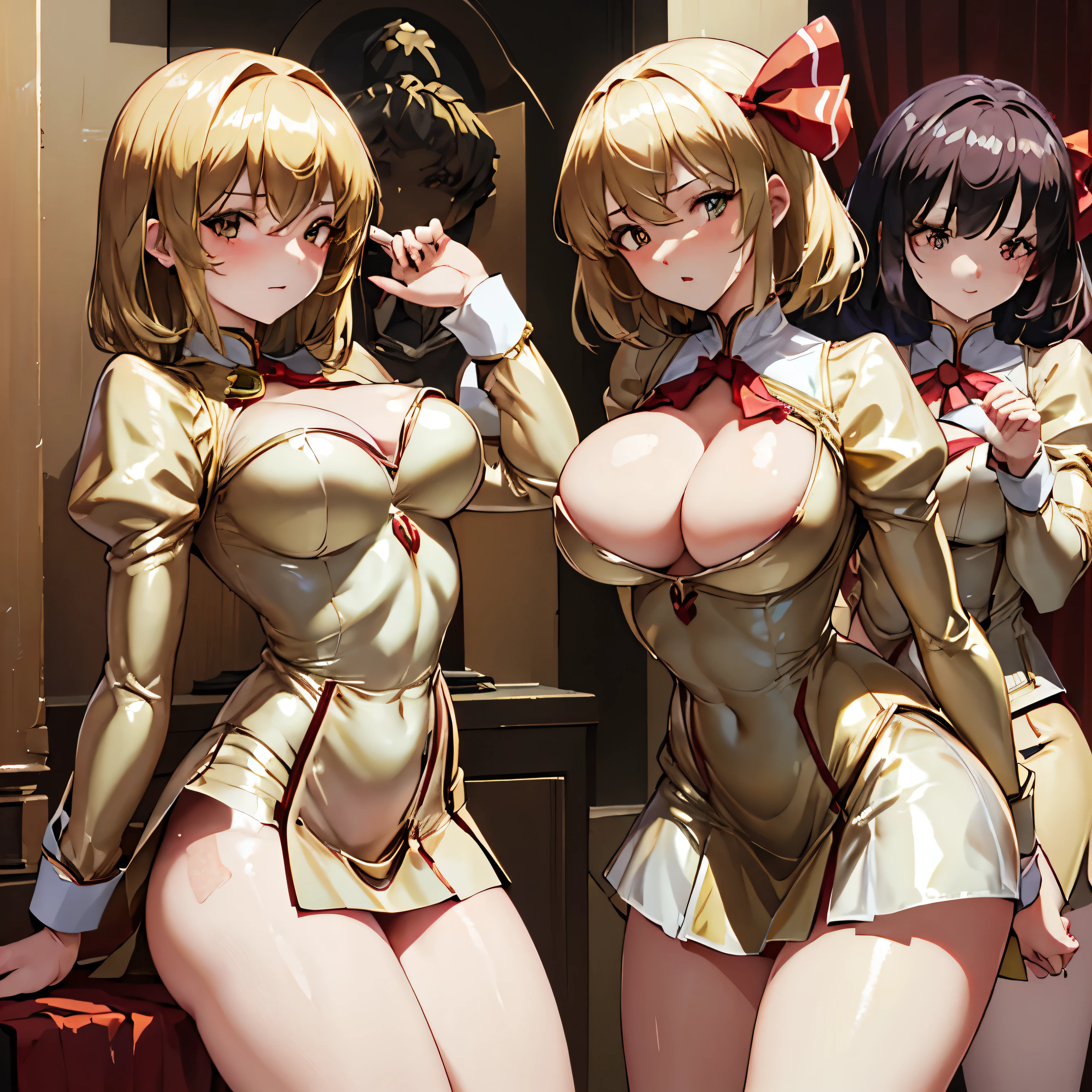 ultra-detailed, Explicit, Beautiful body, Beautiful Nose, Beautiful character design, perfect eyes, perfect face, ultra highres, 4K, beautiful legs, perfect legs, Nice hands, Perfect hand, Masterpiece, Best Quality, Highly detailed, illustration, absurdres, perfect anatomy, (((gold delmo uniform, jacket, tight gold miniskirt, yellow dress))), uniform, ((red stripes)), extremely glossy latex, puffy sleeves, absurdres, highres, solo, cowboy shot, juliet sleeve, cleavage cutout, 1girl, (highres,best_quality,masterpiece), rumia_touhou, blonde_hair, ribbon, short_hair, hair_ribbon, red_eyes, red_ribbon