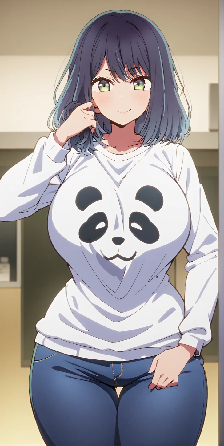 akane kurokawa, bangs, green eyes, blue hair, medium hair, dark blue hair, large breast, large hip, curvy, smile, touching hair, white t-shirt, long sleeves, panda print t-shirt, long denim pants, tight pants, sneakers, looking at viewer, solo, full-body shot, detailed clothes, emphasis breasts,