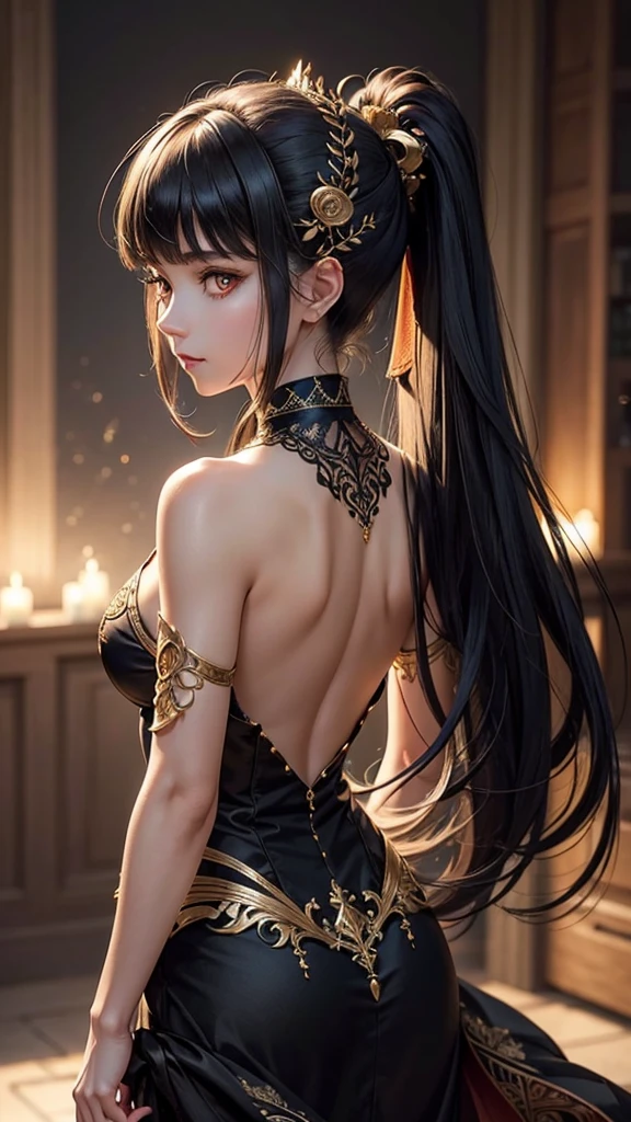 (masterpiece), (best quality), (detailed), light layer, lustrous skin, (intricate detailed , taut clothes ,hair ornament :1.2), black hair, black choker, long hair, hime cut, woman, blunt bangs, sidelocks, red eyes, (mature female:1.1), side-ponytails  (simple background:1.1),   walking away from the camera, her back slightly turned with a graceful stride. Her arms should be relaxed at her sides or gently swinging, creating a sense of effortless movement.