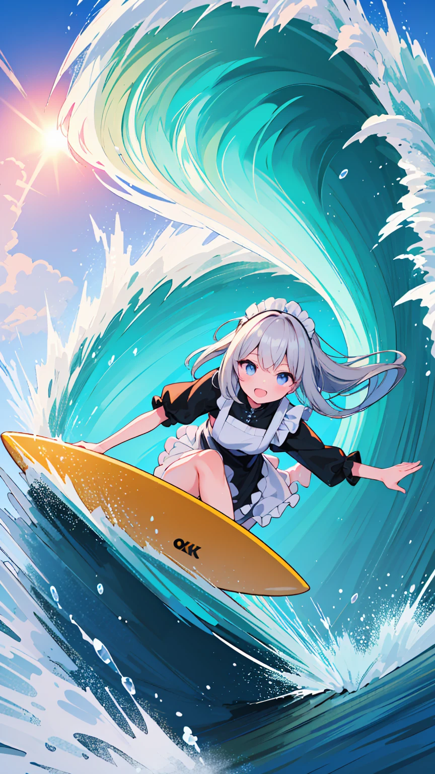 (8k, Best Quality, masterpiece: 1.2),Ultra-high resolution, 1 person, solo,Highly detailed face, Apron dress, Black Dress, White apron, black and white maid outfit, Random Hairstyles, Gay Hair, surfing, sea, Wave, sunlight, Ecstatic expression, Splash, Overall image, Flooding, Wet, surfboard, 