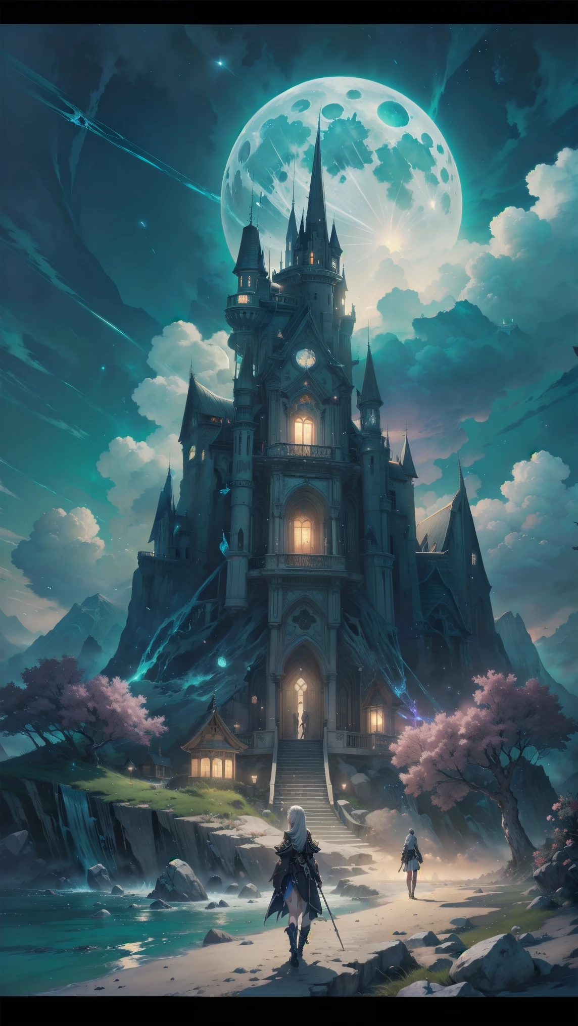 Anime girl walking near the cliff, beautiful fantasy anime, high detailed official art, God with silver hair, shadowverse style, anime goddess, nightcore, detailed key anime art, official art, Masterpiece of the Goddess of Beauty, Anime fantasy illustrations, Detailed digital anime art, cover of epic light novel, From the video game Arknights, Anime fantasy art, calm background, Bright white moon, white beach transparent dress, Sea view, , turned to the camera, full height