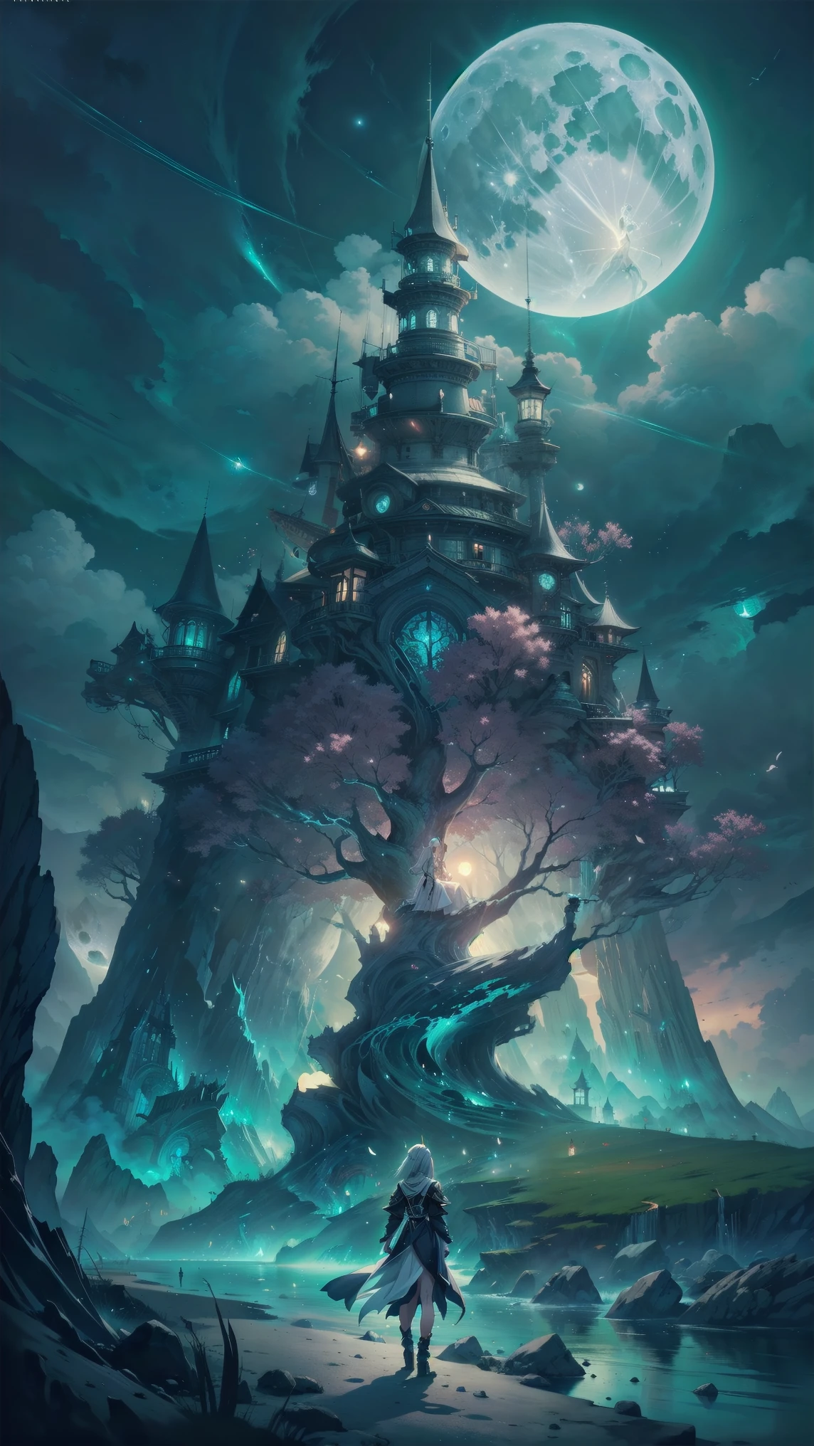 Anime girl walking near the cliff, beautiful fantasy anime, high detailed official art, God with silver hair, shadowverse style, anime goddess, nightcore, detailed key anime art, official art, Masterpiece of the Goddess of Beauty, Anime fantasy illustrations, Detailed digital anime art, cover of epic light novel, From the video game Arknights, Anime fantasy art, calm background, Bright white moon, white beach transparent dress, Sea view, , turned to the camera, full height