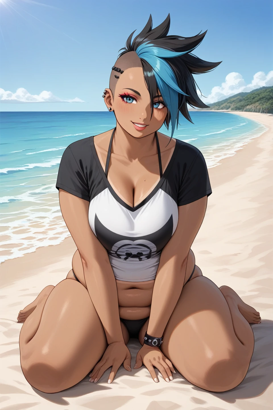 score_9,best quality,
1 ,t-shirt,punk,  a tall girl ,a little chubby, short straight hair, sitting on the edge of the tanned beach, in a bikini 