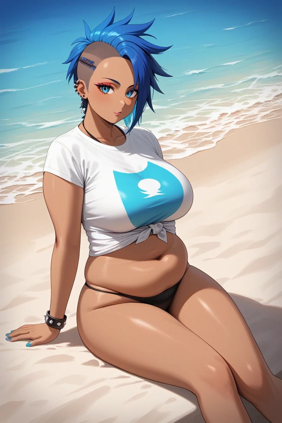 score_9,best quality,
1 ,t-shirt,punk,  a tall girl ,a little chubby, short straight hair, sitting on the edge of the tanned beach, in a bikini 