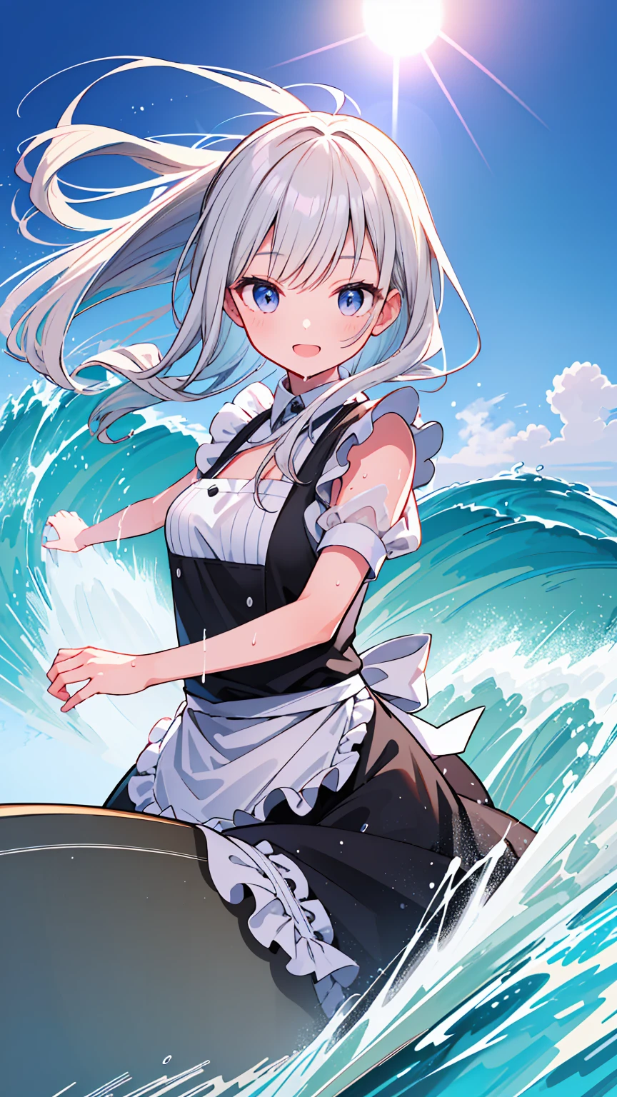 (8k, Best Quality, masterpiece: 1.2),Ultra-high resolution, 1 person, solo,Highly detailed face, Apron dress, Black Dress, White apron, black and white maid outfit, Random Hairstyles, Gay Hair, surfing, sea, Wave, sunlight, Ecstatic expression, Splash, Overall image, Flooding, Wet, surfboard, 