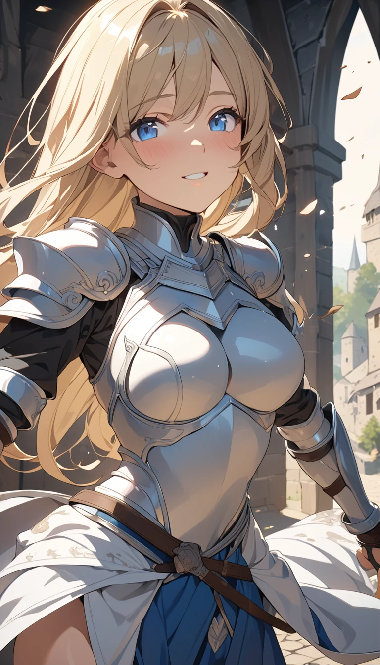 (masterpiece:1.2), (highest quality:1.2), perfect eyes, perfect face, perfect lighting, sunlight, outdoor, desert, 1 girl, blonde, yellow-green eyes, one eye closed, (((wavy hair))), bun_head, blunt bangs, medium hair, (White bikini armor with transparent nipples), cute eyes, closed mouth, ((from above)), ((front), wariza, ((grin)), spoken heart, (big breasts)