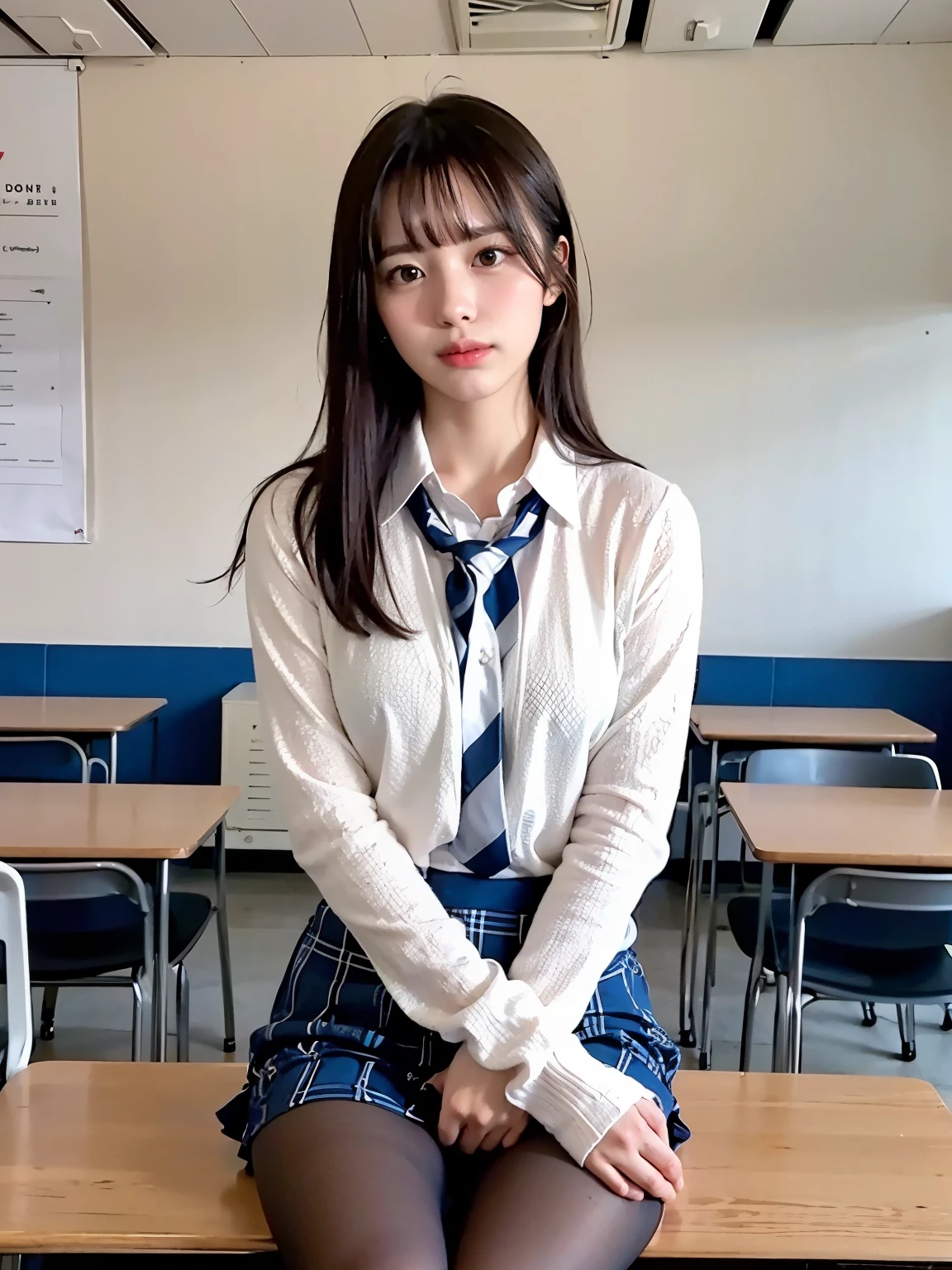 (((8k、High resolution、Best Quality、High resolution)))Alone、Natural body shape、White skin、Natural Makeup、((Black Hair、bangs、Straight Long Hair))、(((Skirt flip)))、、(:1.4)、(())、(((((Full body photo)))))、(((Looking into the camera)))、(((Wear a uniform on your upper body)))、classroom、(((High school))) 、((White long sleeve collared blouse))、((Beige cardigan))、((Dark blue checkered pleated skirt、Quilt Lift, Ultra-realistic pantyhose))、、、Expressionless、((Bare thighs))