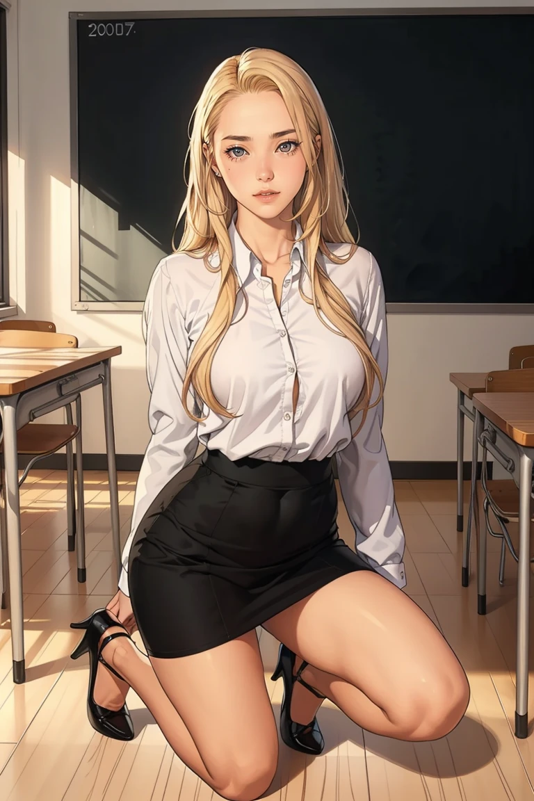 1 female, long blonde hair, large breast, wearing long sleeve white shirt, black pencil skirt, black heels, inside empty classroom, alone, fullbody shot, standing, a bit anxious, red blushing face, mouth open, arms behind back, bound arms, kneels