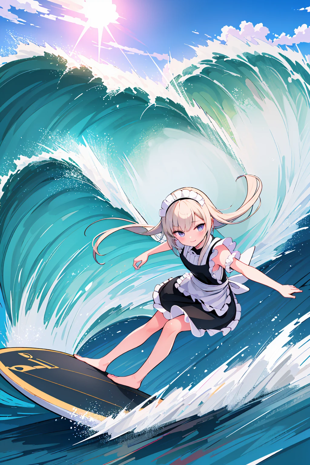 (8k, Best Quality, masterpiece: 1.2),Ultra-high resolution, 1 person, solo,Highly detailed face, Apron dress, Black Dress, White apron, black and white maid outfit, Random Hairstyles, Gay Hair, surfing, sea, Wave, sunlight, Ecstatic expression, Splash, Overall image, Flooding, Wet, surfboard, 