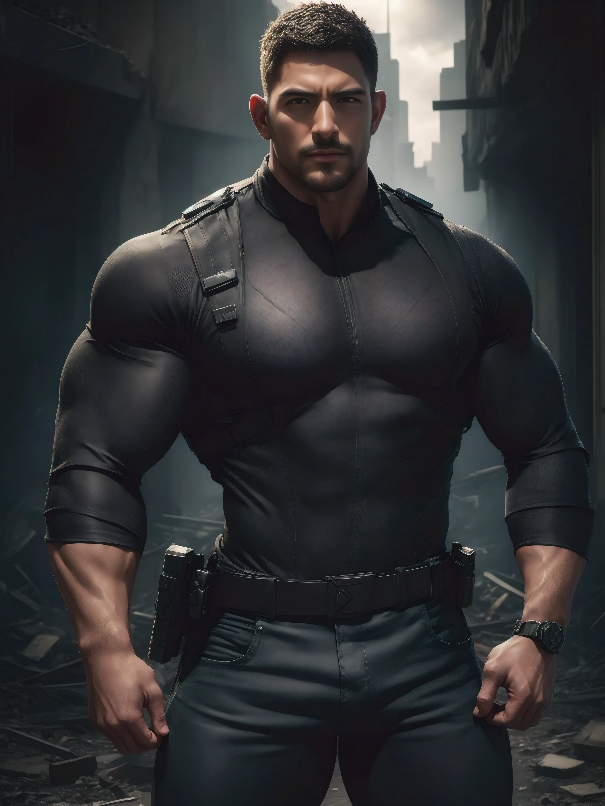 An award-winning original photo , Chris REDFIELD , A wild muscular man, (30 years old man:1.3), a black TOP , NAKED FROM WAIST DOWN , black hair, (big shoulder), muscular, hunk,  stubbles, Short beard, SHOWING HIS ERECTED COCK, MASTURBATING . LOOKING AT THE CAMERA  (Detailed face:1.3), (beautiful eyes:1.2), really angry, Dynamic Angle, volumetric lighting, (Best quality, A high resolution, Photorealistic), Cinematic lighting, Masterpiece, RAW photo, Intricate details, hdr, depth of field, full body shot, in space background