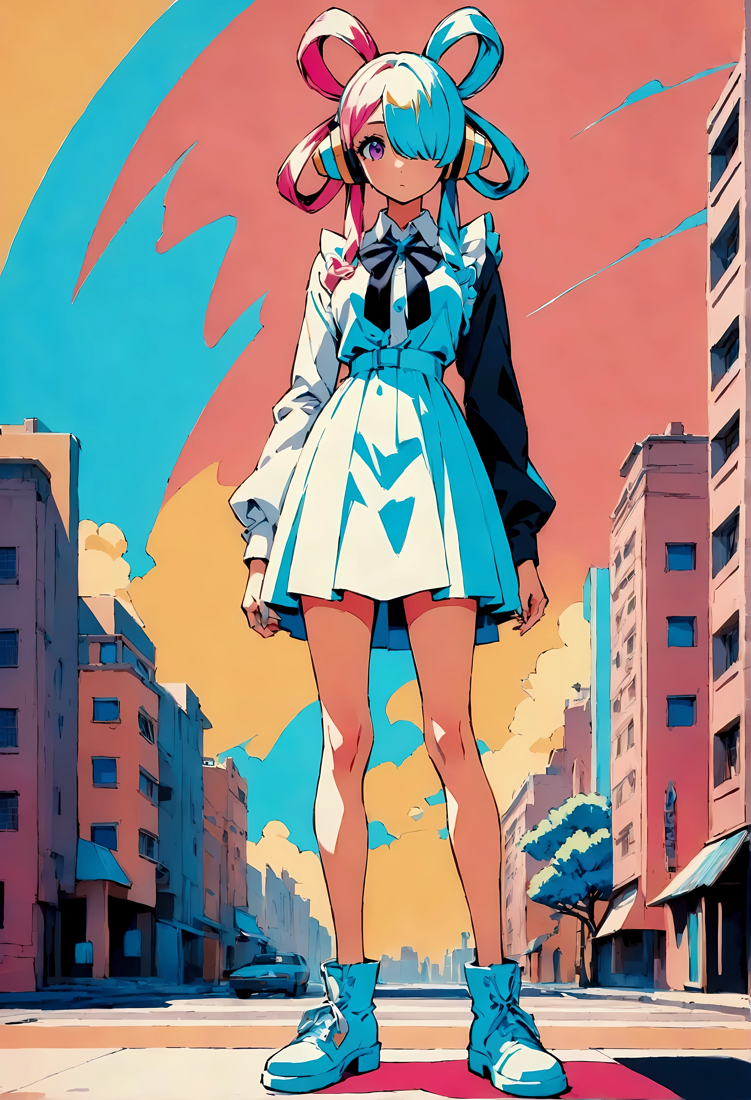 full body shot,(highest quality:1.2, City Pop Style, Very detailed, Latest, Vibrant, High Contrast, masterpiece:1.2, highest quality, Best aesthetics), girl, Colorful Hair, pastel colour, 1980s style, Retro, Vintage, ((Single color background)). BREAK , cel shading, bold outlines, flat colors, sharp shadows, graphic style, manga influence, clean linework, striking visuals,Uta, purple eyes, long hair, split-color hair, hair over one eye, hair rings, headphones, white dress, frills, neck ribbon, single sleeve, long sleeve, 