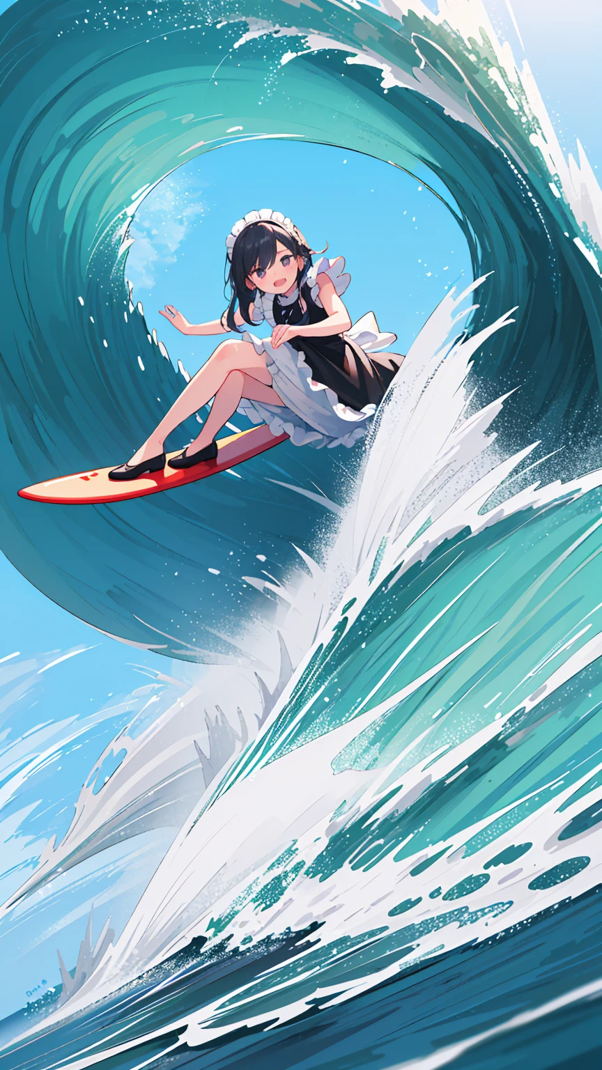 (8k, Best Quality, masterpiece: 1.2),Ultra-high resolution, 1 person, solo,Highly detailed face, Apron dress, Black Dress, White apron, black and white maid outfit, Random Hairstyles, Gay Hair, surfing, sea, Wave, sunlight, Ecstatic expression, Splash, Overall image, Flooding, Wet, surfboard, 