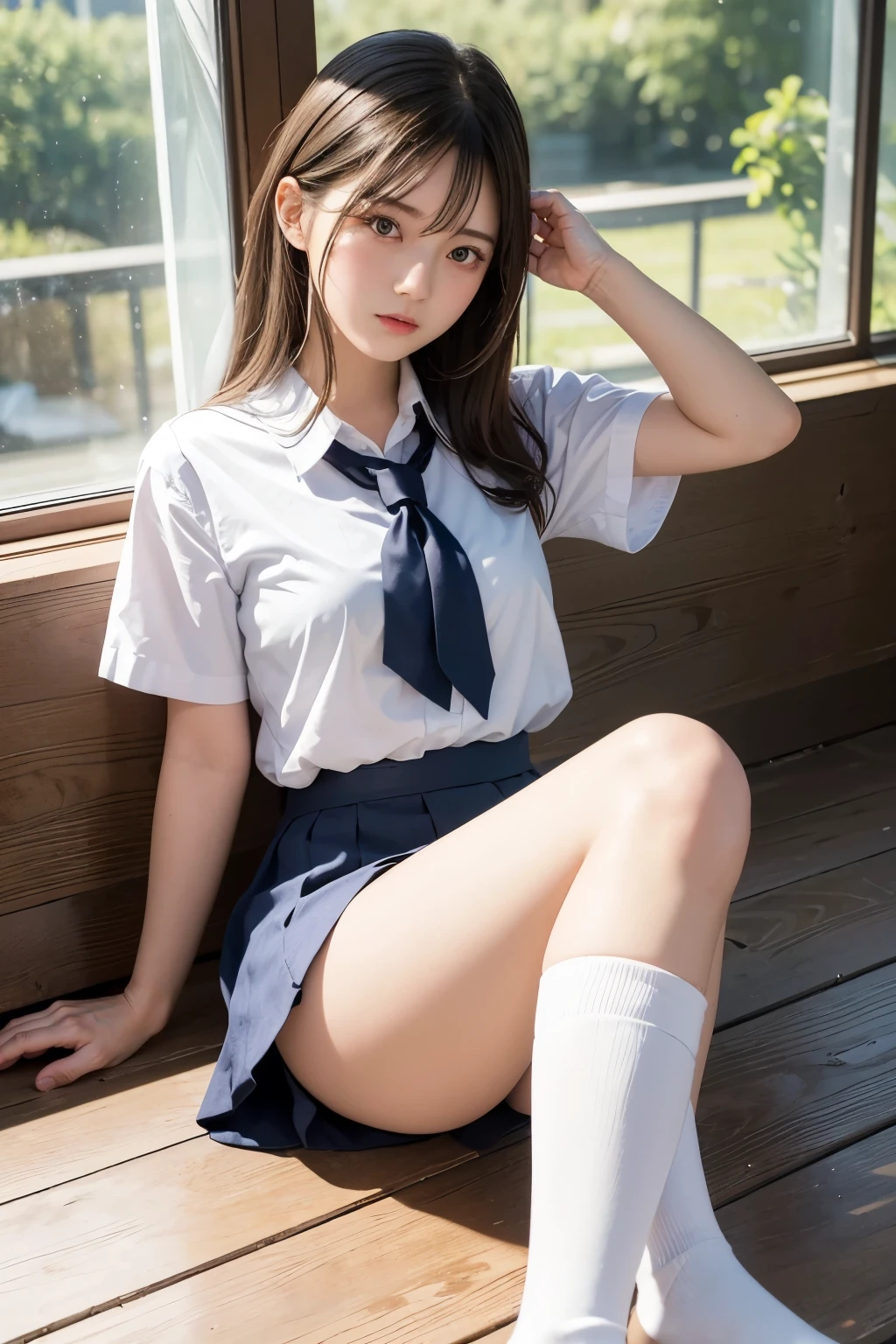 masterpiece,realistic,nsfw,spread legs, lying ,yo. ,beautiful japanese girl,medium breasts,((school uniform show off nipple)),sad face (microwhite panties:1.2).(check skirt;1.3),open clothes,　serafuku,navy skirt, shirt, neck ribbon,, kind smile, in classroom, pee stain:1.4. stain on panties :1.4.pee stain:1.4. stain on pants:1.4 stained panties, pee stain .stained panties, pussy juice stain