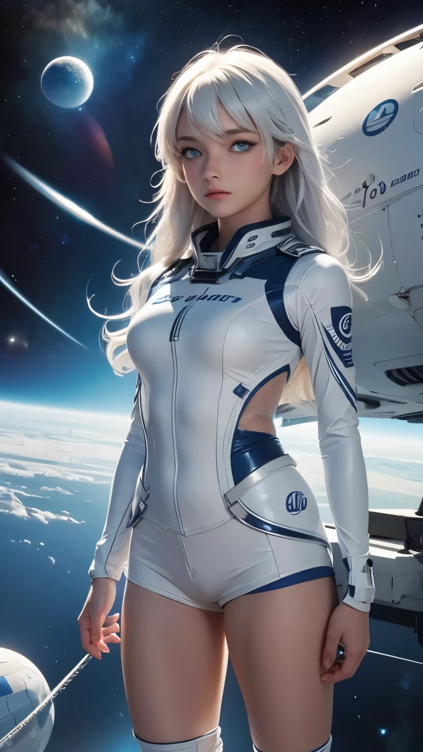 A pretty girl, beautiful clear blue eyes, space sports, uniforms, future competitions