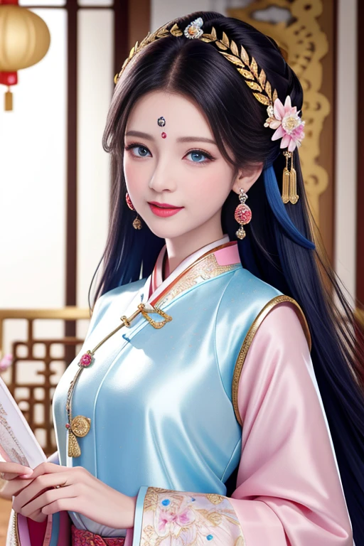 Best Quality,  (Highly detailed skin:1.2), 8k ultra high definition, High resolution, One young girl, Red face, Starry blue eyes, Beautiful and well-formed nose, Pink Lips, Nice face, Detailed facial depiction, Chinese Hanfu,Slender beauty, Shiny black hair,  Hair ornaments, gem, Earrings, necklace, White silk dress and suit，Look at me and smile. Costume of a high-ranking court lady, Inside the palace, Detailed illustration art, Detailed digital art, 