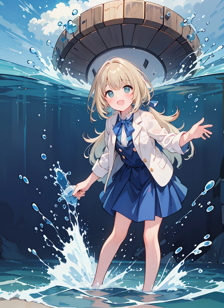 (8k, Best Quality, masterpiece: 1.2),Ultra-high resolution, 1 person, cute, Alone,Highly detailed face, Standing, blonde, blazer, shirt, blouse, ribbon, navy blueのシワ付スカート, navy blue, gothic long skirt, sea, sea水浴, Soaking wet, Splash, Water Play, Wet from head to foot, Splash, Submersion, Childish, The best smile, date, Excited, Water droplets on the body, Water up to my chest, Standing, 