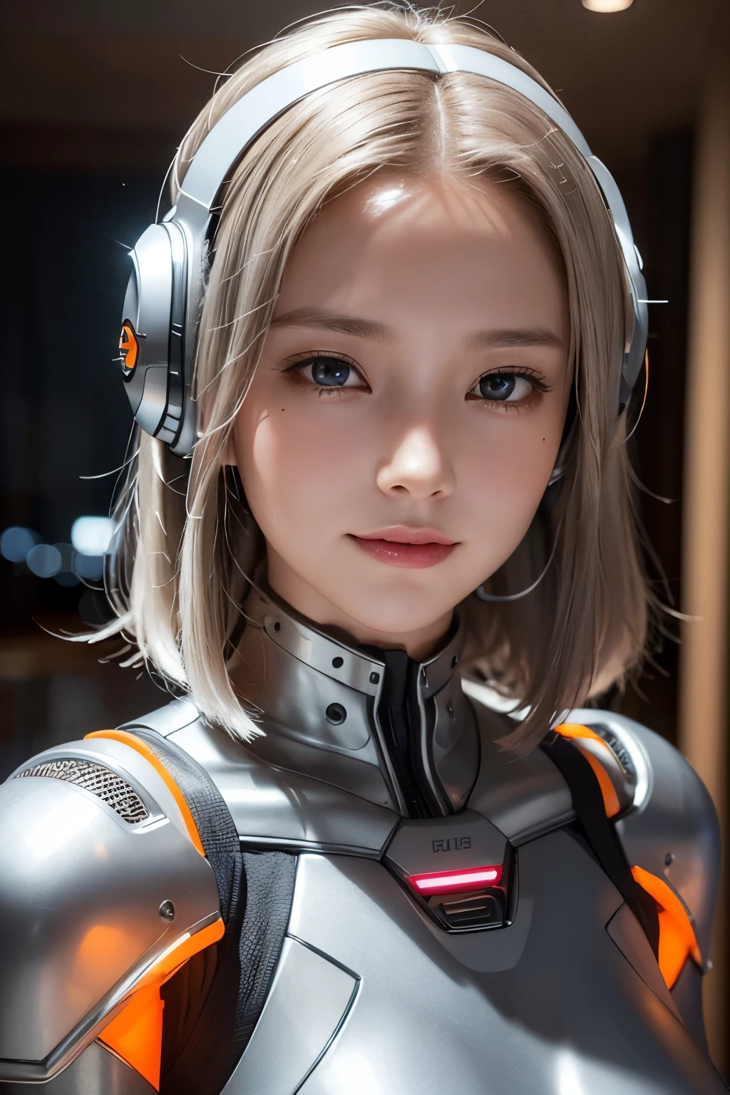 (masterpiece), (best quality), very detailed, (realistic), (young beautiful woman), (gentle smile), (Light and shadow on the face), realistic skin, (very delicate and beautiful eyes), (sad smile), (Silver brown grey loose wavy bob hair), (small bust size), (cyber punk perssonage),Bring headphones,Illuminated helmet and headphones,glowing jewelry, inside in room,Electronic wire background, movie level lighting, with light glowing,(Orange light), highlight and shadow enhancement, blurred background, close-up, portrait, (periodic, futuristic-retro futurism extremely beautiful), (intricate details, masterpiece, best quality) , close-up, (darkness), blurred background, depth of field, dramatic atmosphere, atmospheric perspective, soft focus, deep shadows,
