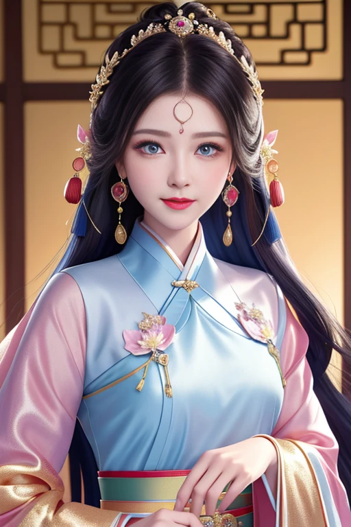 Best Quality,  (Highly detailed skin:1.2), 8k ultra high definition, High resolution, One young girl, Red face, Starry blue eyes, Beautiful and well-formed nose, Pink Lips, Nice face, Detailed facial depiction, Chinese Hanfu,Slender beauty, Shiny black hair,  Hair ornaments, gem, Earrings, necklace, White silk dress and suit，Look at me and smile. Costume of a high-ranking court lady, Inside the palace, Detailed illustration art, Detailed digital art, 