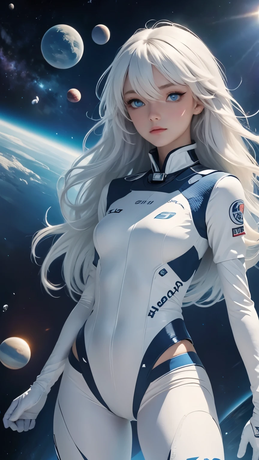 A pretty girl, beautiful clear blue eyes, space sports, uniforms, future competitions