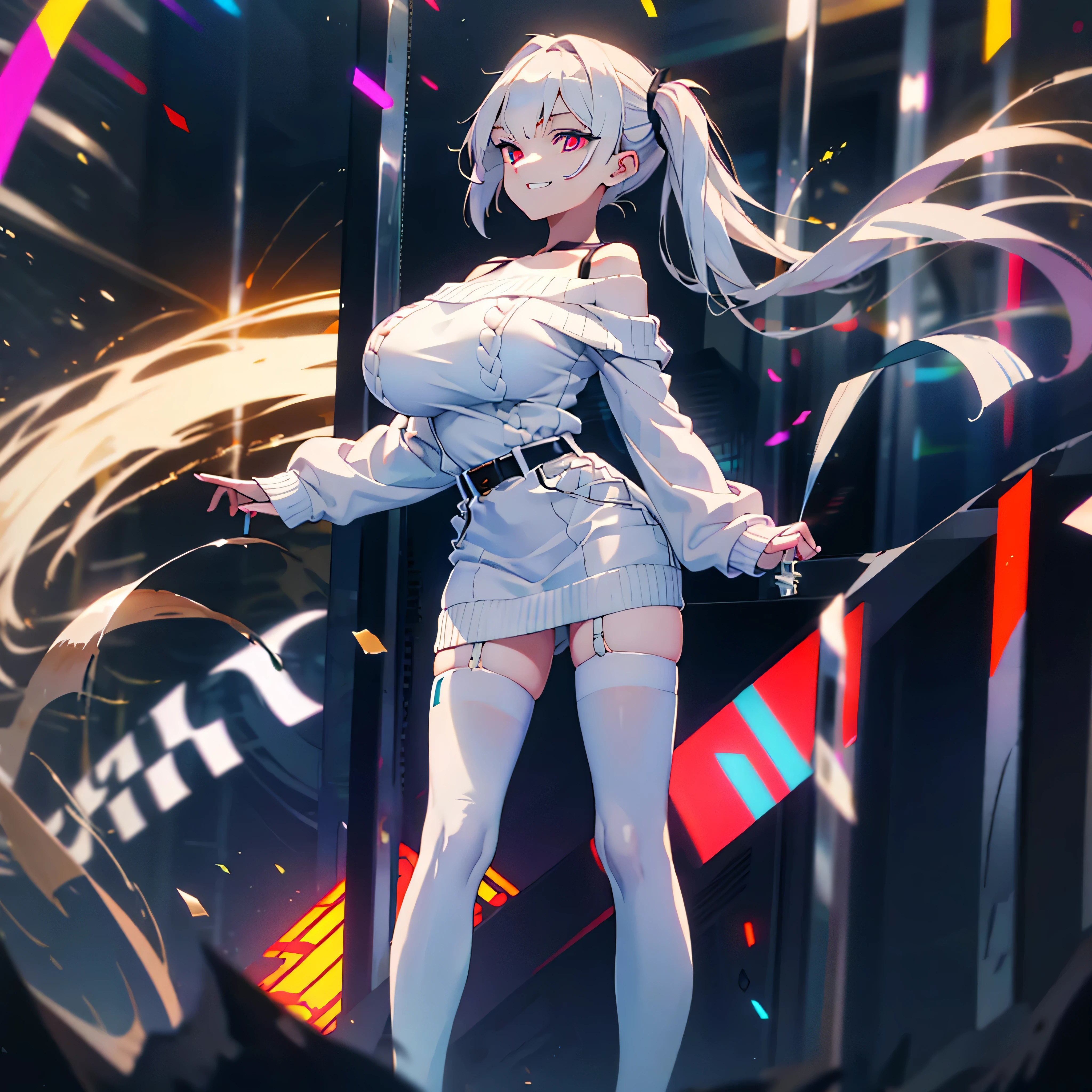 (solo), (1 tall girl standing), dynamic pose, swaying back, grin, BREAK, (shiny long white hair), glowing scarlet eyes, white skin, BREAK, (very short torso:1.2), (disproportionately huge breasts:1.2), (long breasts), narrow waist, (very long skinny legs:1.2), (slim skinny thighs:1.2), BREAK, (short off-shoulder white sweater dress:1.3), bursting breasts, belt cinches waist too tight, thigh gap, (tight-fit inky-black thighhighs:1.2), military boots