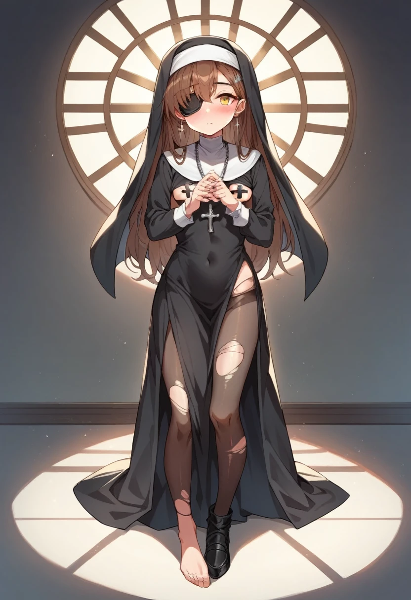 Ultra realistic girl , body , long black hair frinje braided , gothic nun , seios planos , , pantie , menacing face , dungeon .