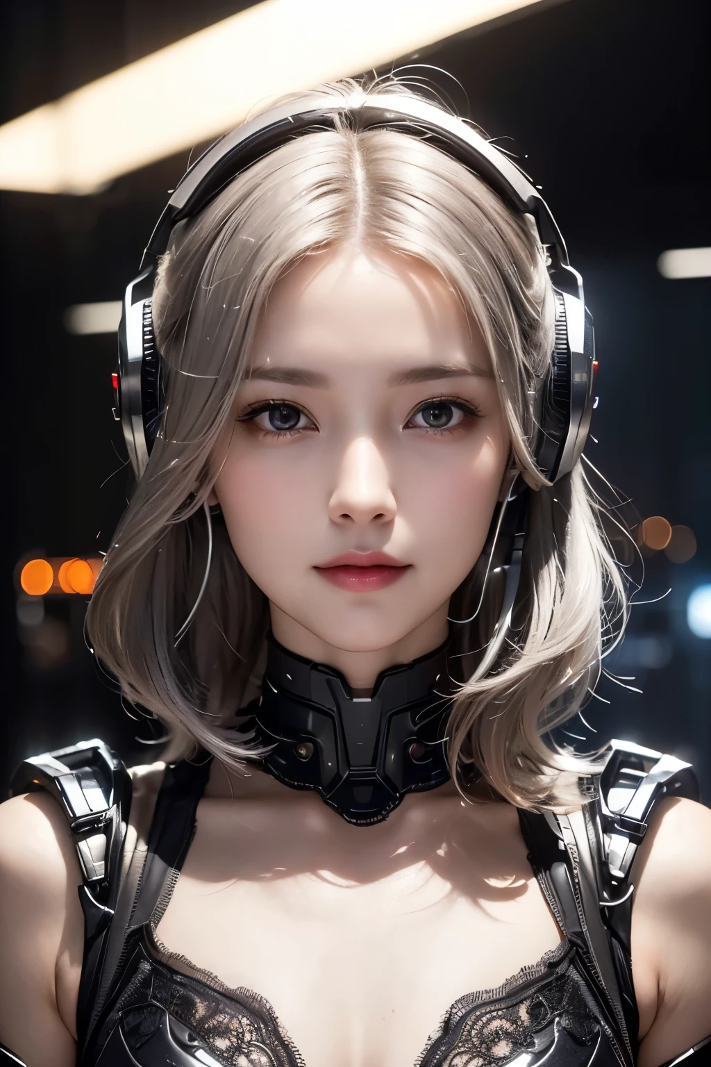 (masterpiece), (best quality), very detailed, (realistic), (young beautiful woman), (gentle smile), (Light and shadow on the face), realistic skin, (very delicate and beautiful eyes), (sad smile), (Silver brown grey loose wavy bob hair), (small bust size), (cyber punk perssonage),Bring headphones,Illuminated helmet and headphones,glowing jewelry, inside in room,Electronic wire background, movie level lighting, with light glowing,(Orange light), highlight and shadow enhancement, blurred background, close-up, portrait, (periodic, futuristic-retro futurism extremely beautiful), (intricate details, masterpiece, best quality) , close-up, (darkness), blurred background, depth of field, dramatic atmosphere, atmospheric perspective, soft focus, deep shadows,