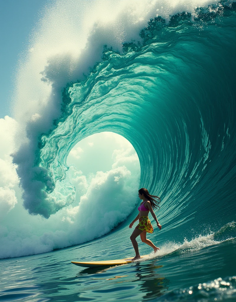 Abstract surrealism with a focus on fragmented realities and distorted perspectives. The scene depicts a landscape fractured by shattered water drops. a miniskirt beautiful girl surfer riding a massive wave in Hawaii, reflecting multiple realities and creating a disorienting visual experience.