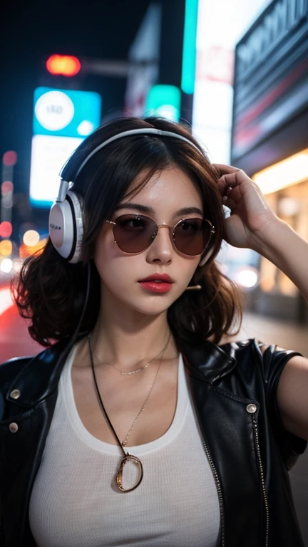 brown hair . beautiful woman，Curly hair and sunglasses，Wearing full size headphones - headphones or surround dark room neon cyberpunk at night coordinator neon glow