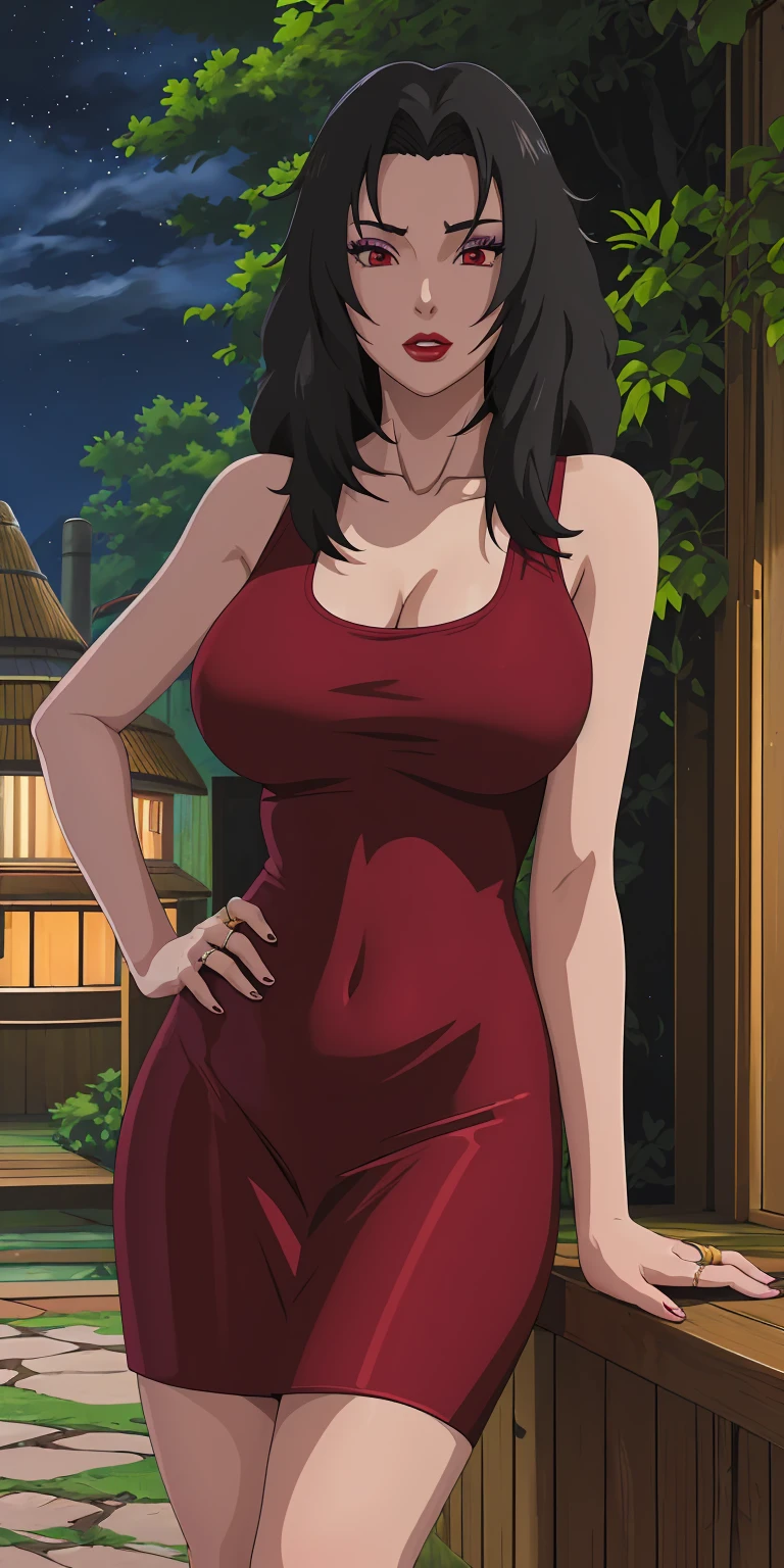 masterpiece, best quality, extremely detail 8k cg, high resolution, 1girl, mature female, RedTankTop_KurenaiYuhi_ownwaifu, 1girl, black hair, long hair, lipstick, makeup, red eyes, red lips, medium breasts, lips, cleavage, red dress, collarbone, tank top, bare shoulders, wedding ring, collarbone, titsonastick, beautiful face, night time, konohavillage, outdoors, forest