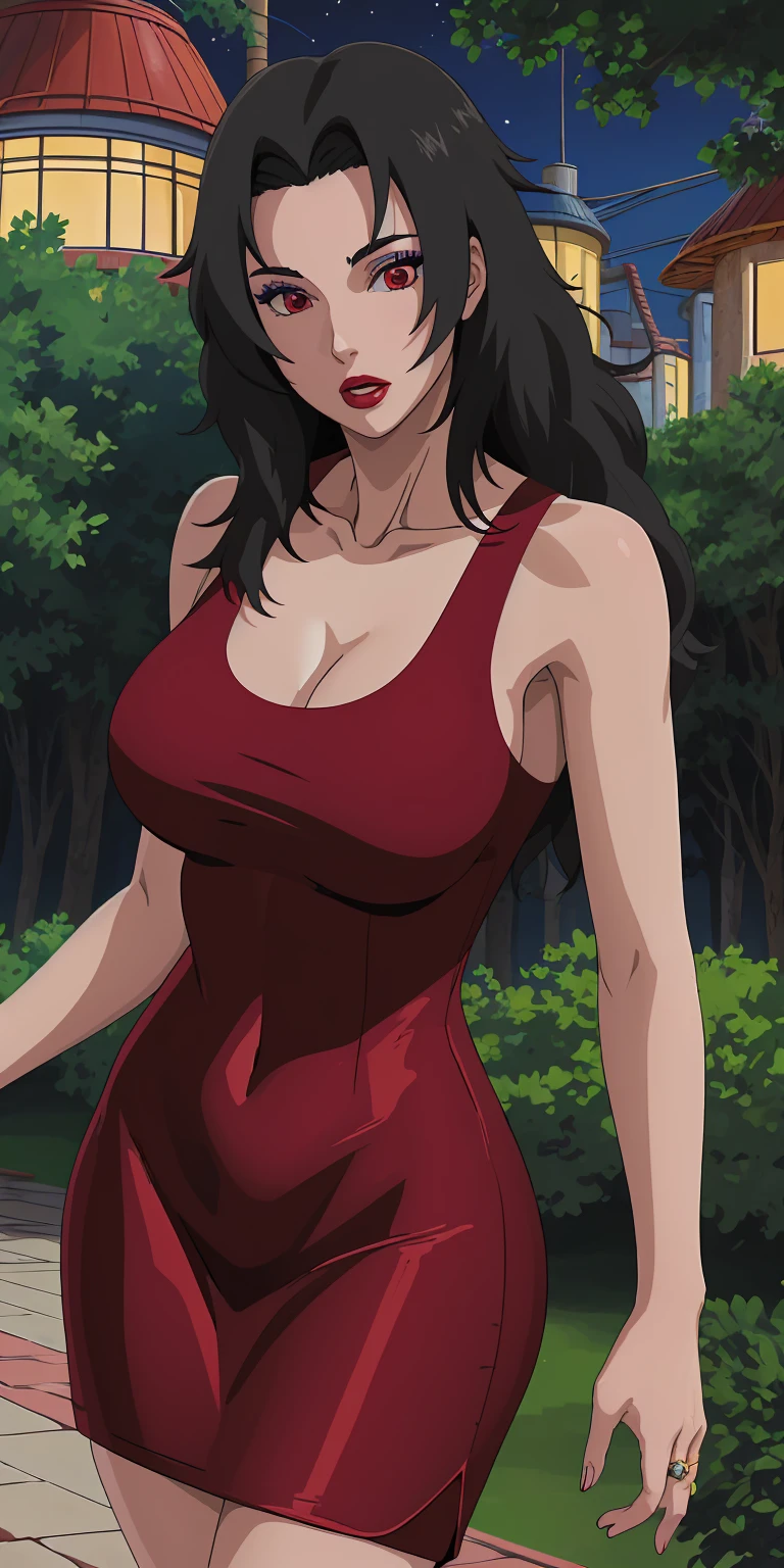 masterpiece, best quality, extremely detail 8k cg, high resolution, 1girl, mature female, RedTankTop_KurenaiYuhi_ownwaifu, 1girl, black hair, long hair, lipstick, makeup, red eyes, red lips, medium breasts, lips, cleavage, red dress, collarbone, tank top, bare shoulders, wedding ring, collarbone, titsonastick, beautiful face, night time, konohavillage, outdoors, forest